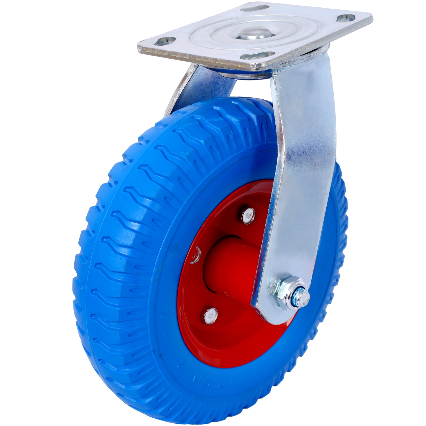 Heavy duty caster wheel with blue rubber tire and red hub