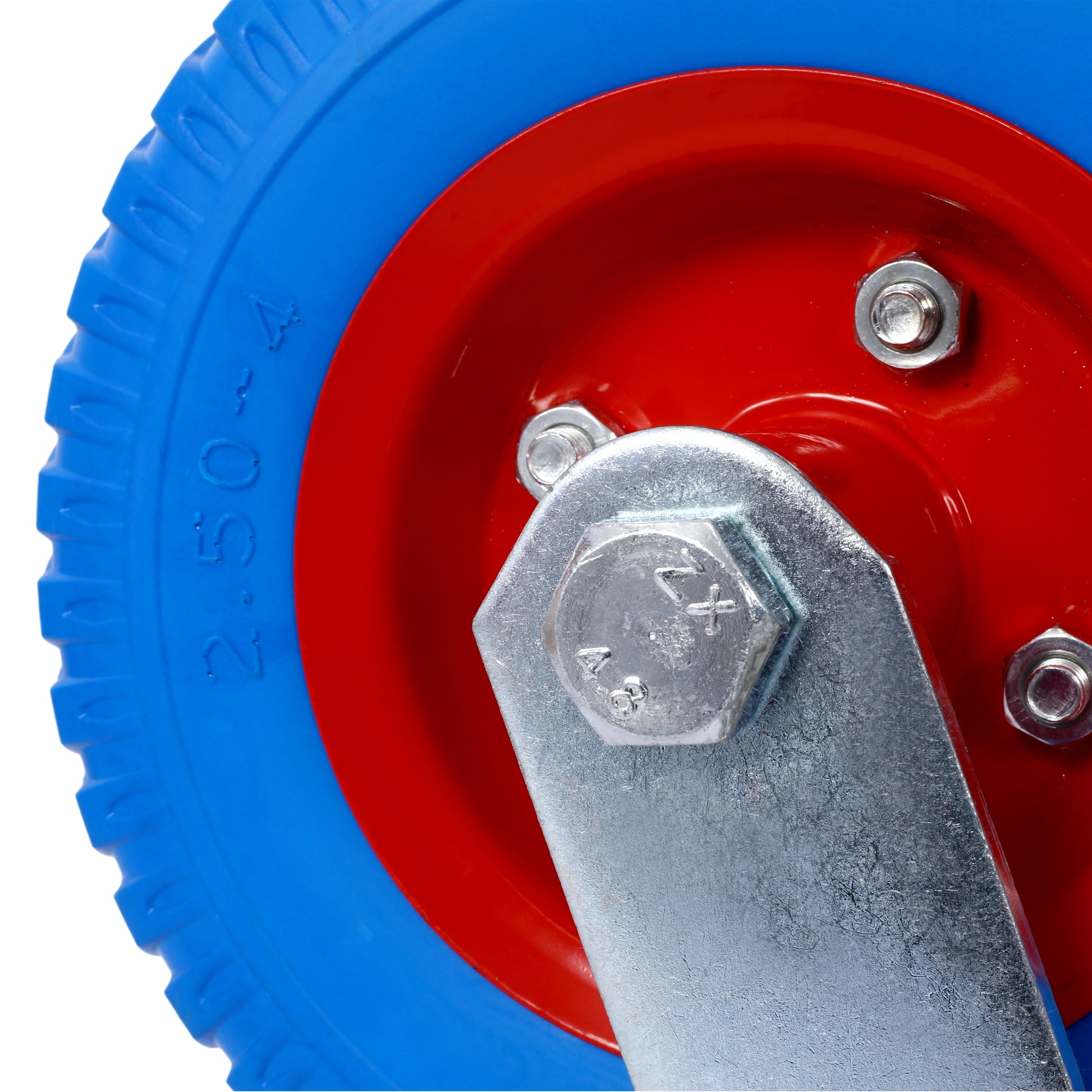 Closeup of a blue caster wheel with red hub and metal bracket assembly