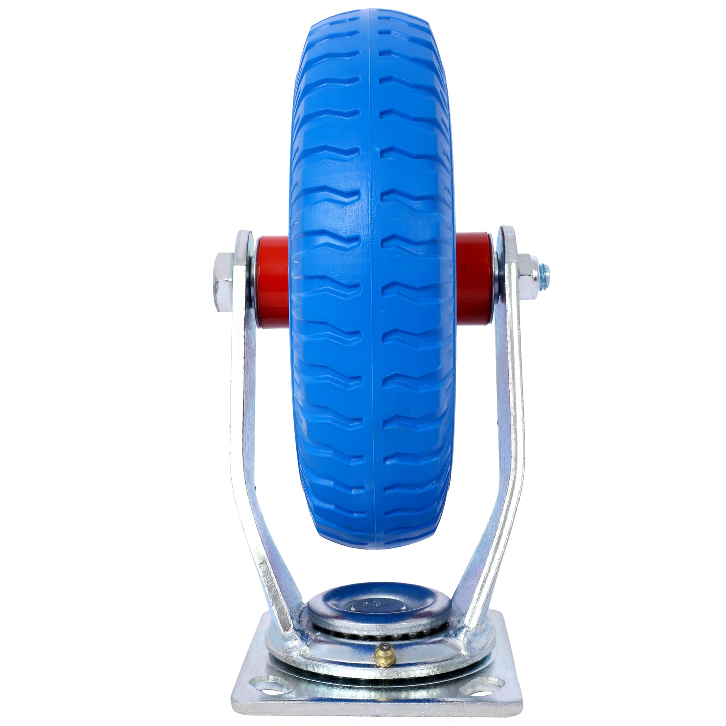 Heavyduty blue polyurethane wheel with red bearings and steel swivel caster for industrial carts