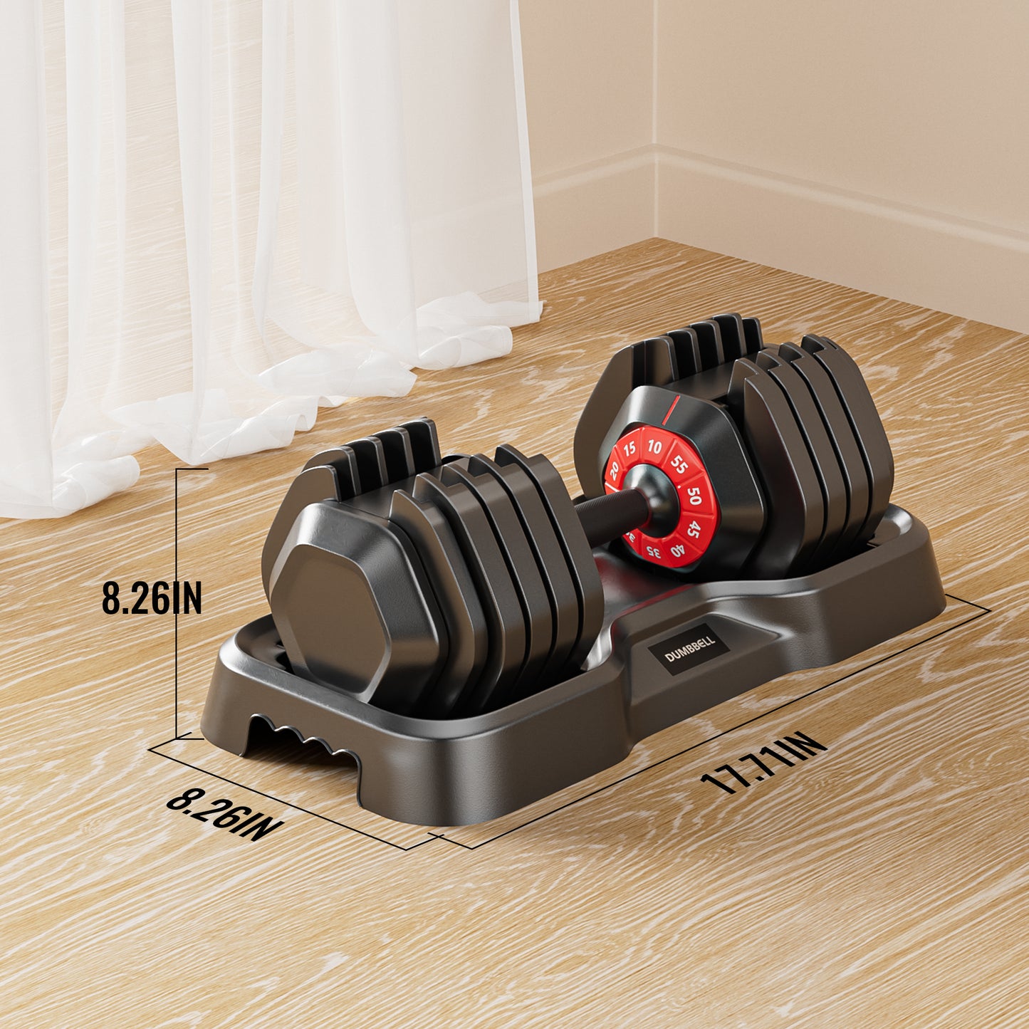 Black adjustable dumbbell with red weight selector dial on a stand for home workouts