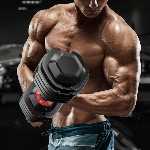 Adjustable dumbbell with black weights and red dial for home gym workouts