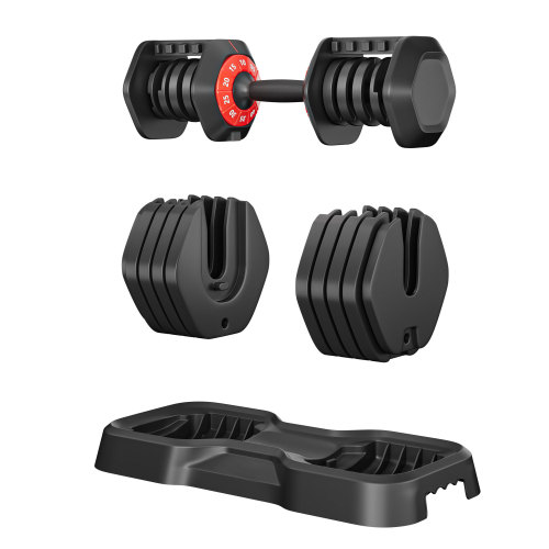Adjustable dumbbell with black plates and red weight indicator dial