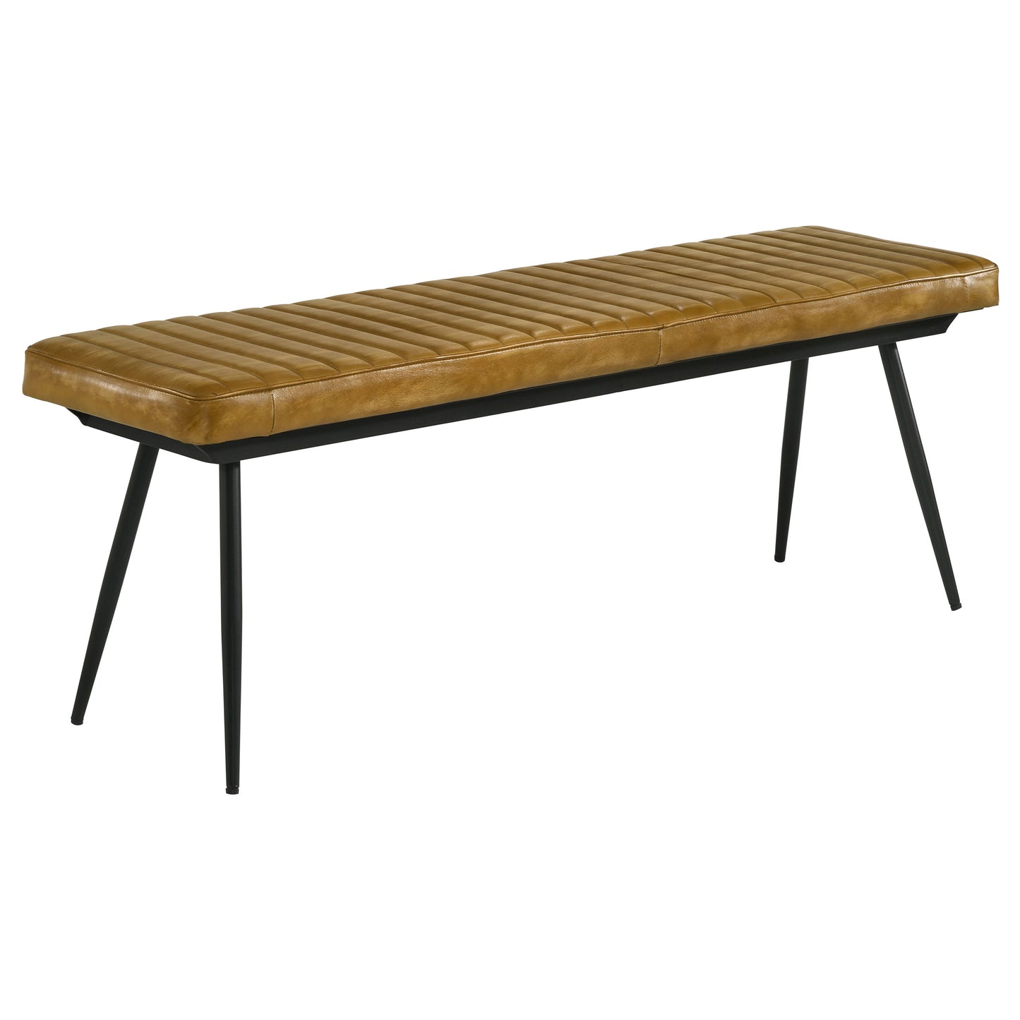 Tan faux leather tufted bench with black metal legs for entryway seating