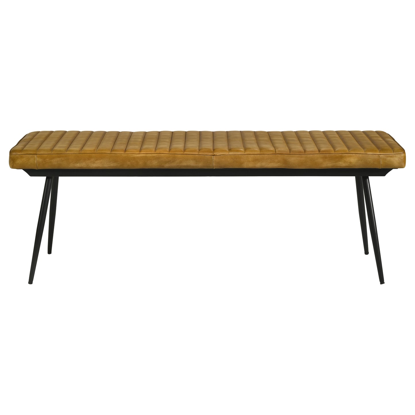 Tan leather channel tufted bench with black metal legs