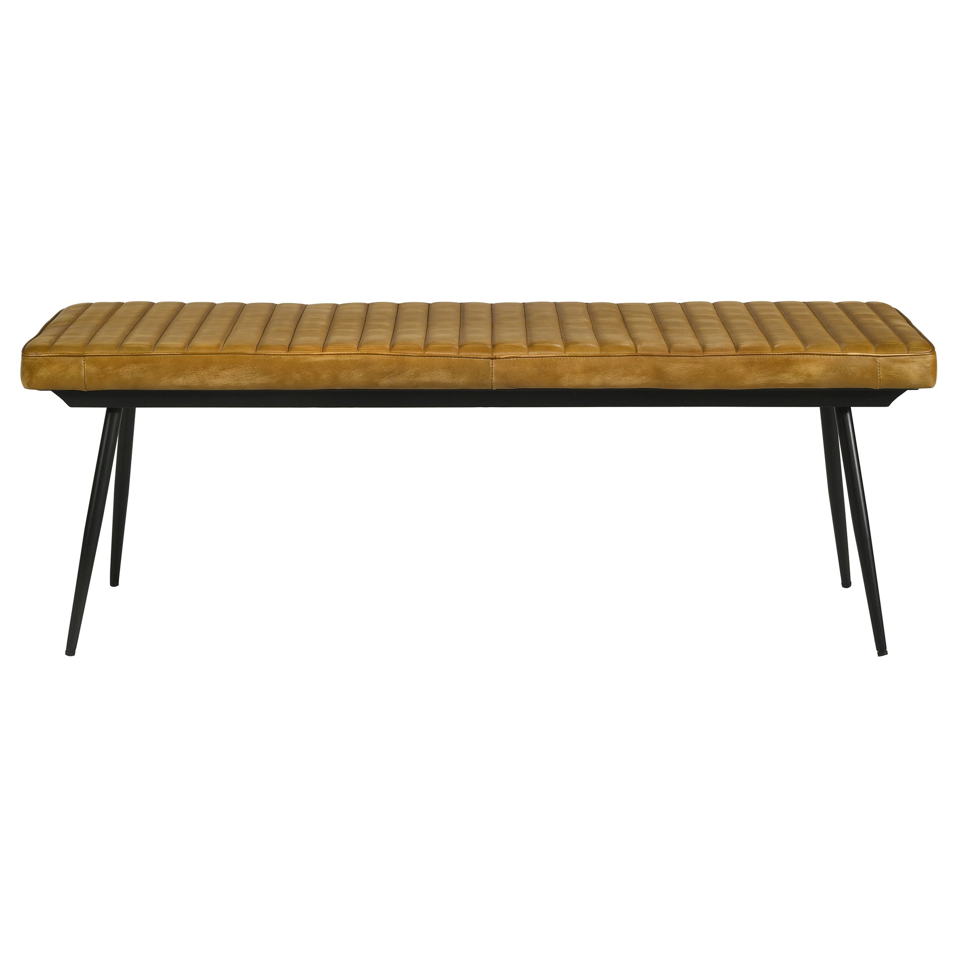 Tan leather channel tufted bench with black metal legs