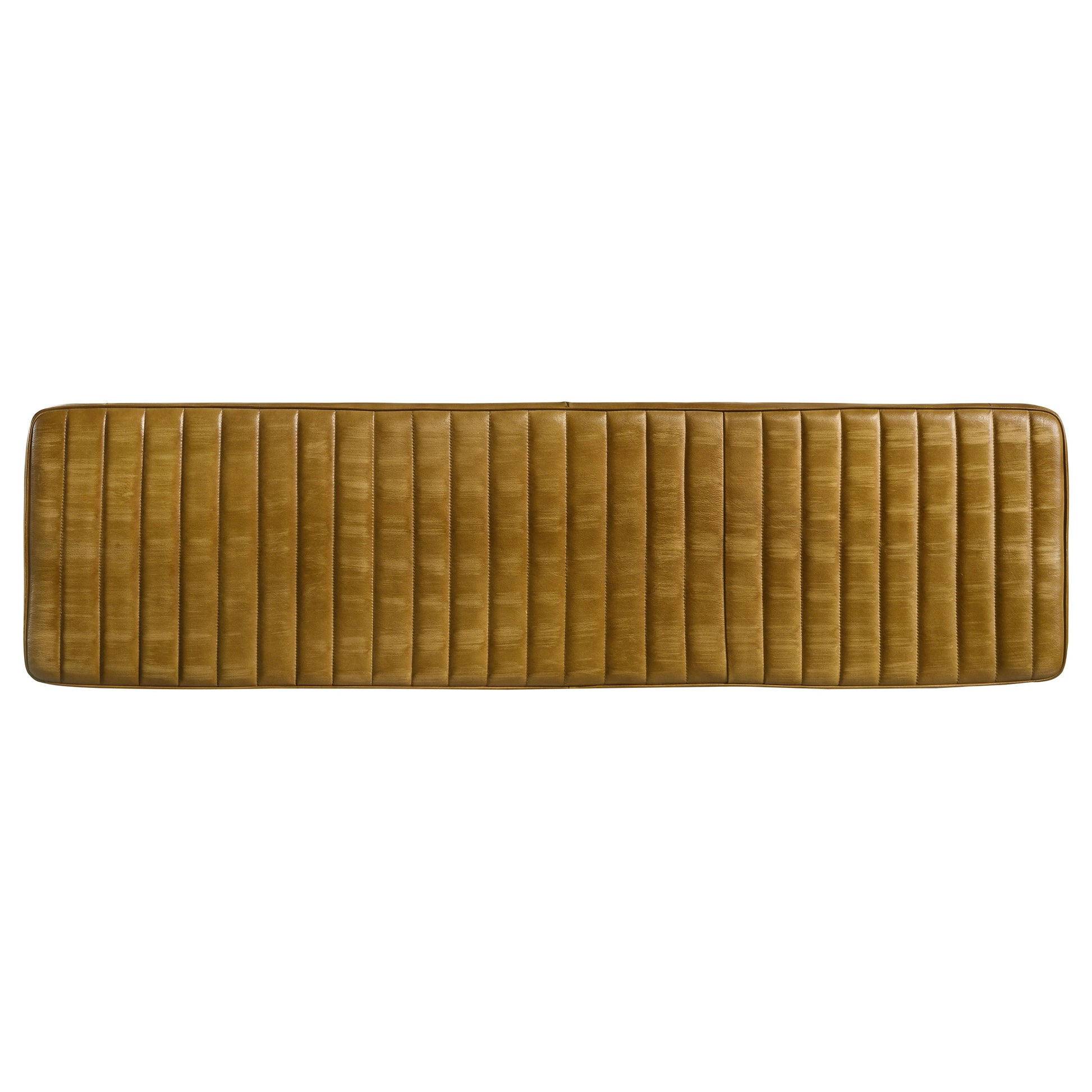 Tufted caramel leather headboard with vertical channel stitching