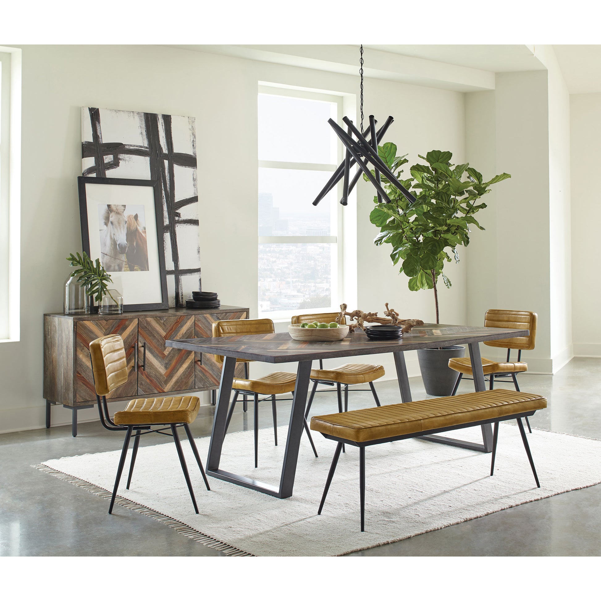 Modern dining table with geometric wood inlay and black metal base