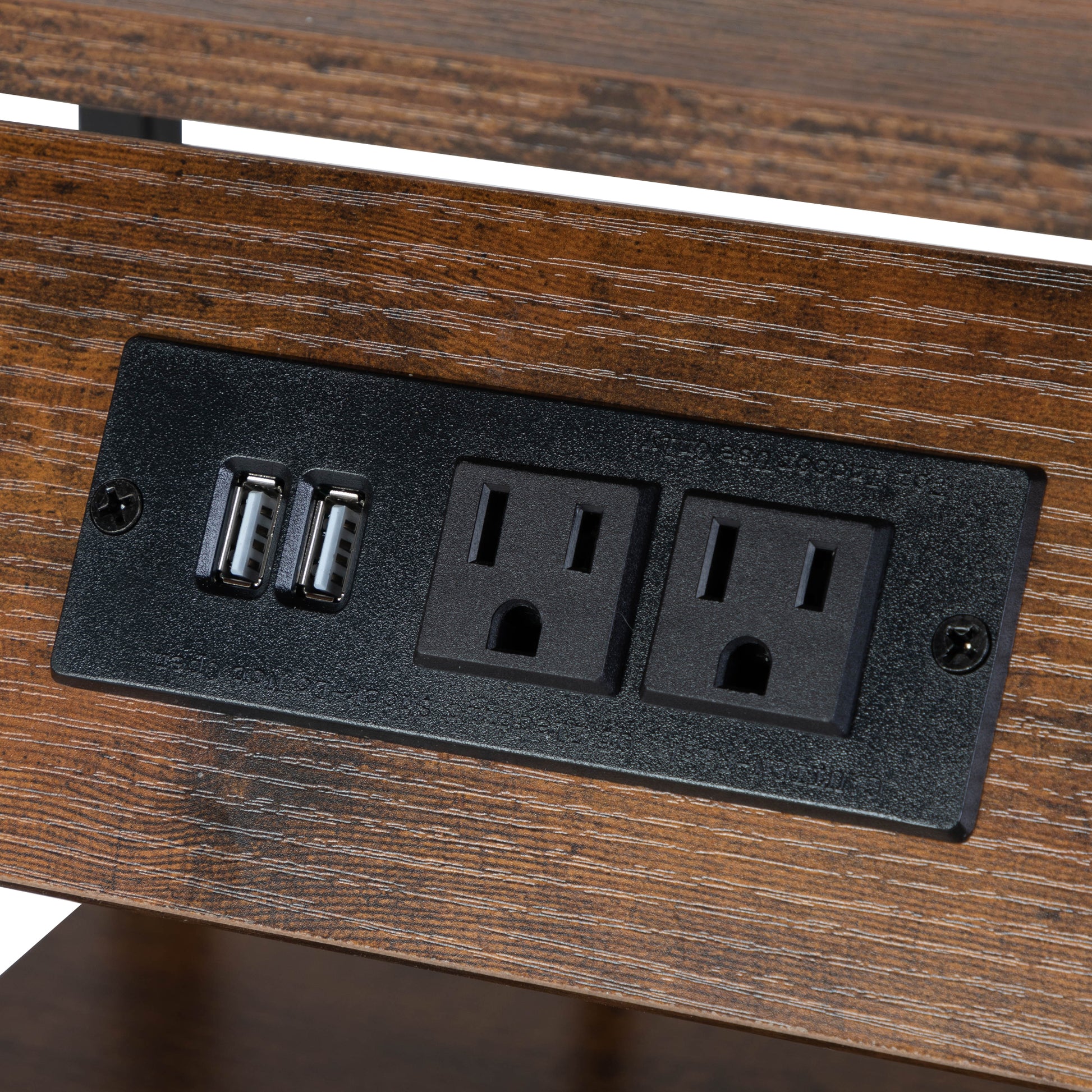 Brown wood side table with integrated power outlet and dual USB ports