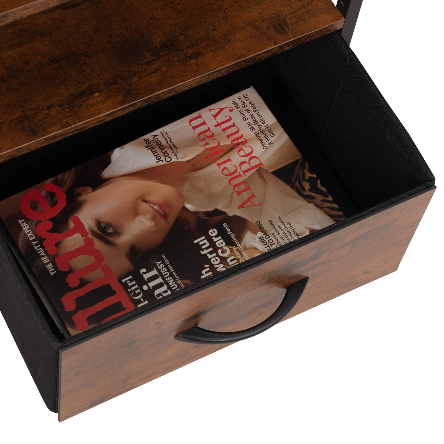 Vintage wood end table with open drawer revealing a fashion magazine