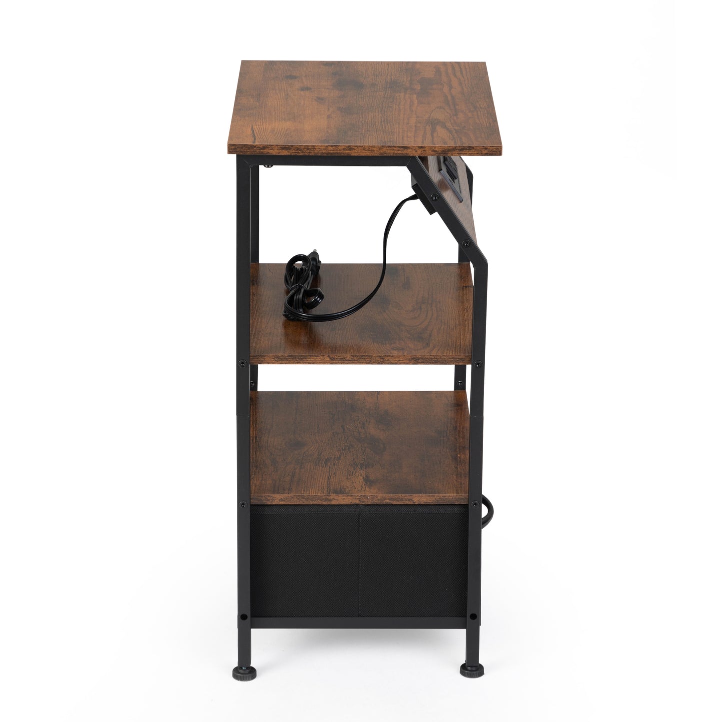 Rustic wood and black metal nightstand with two shelves and a storage compartment
