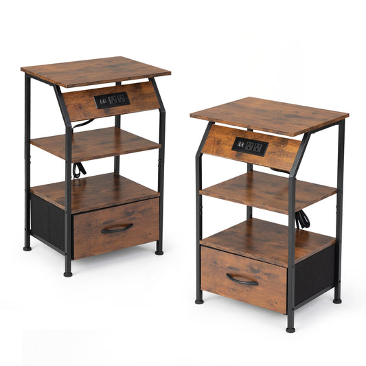 Rustic brown wood nightstand with builtin USB and AC outlets for convenient charging