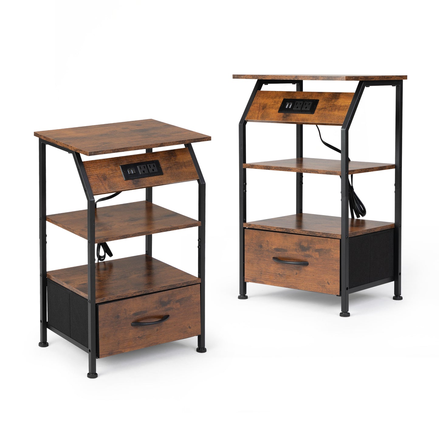 Rustic brown wood and black metal nightstand with builtin USB and power outlets