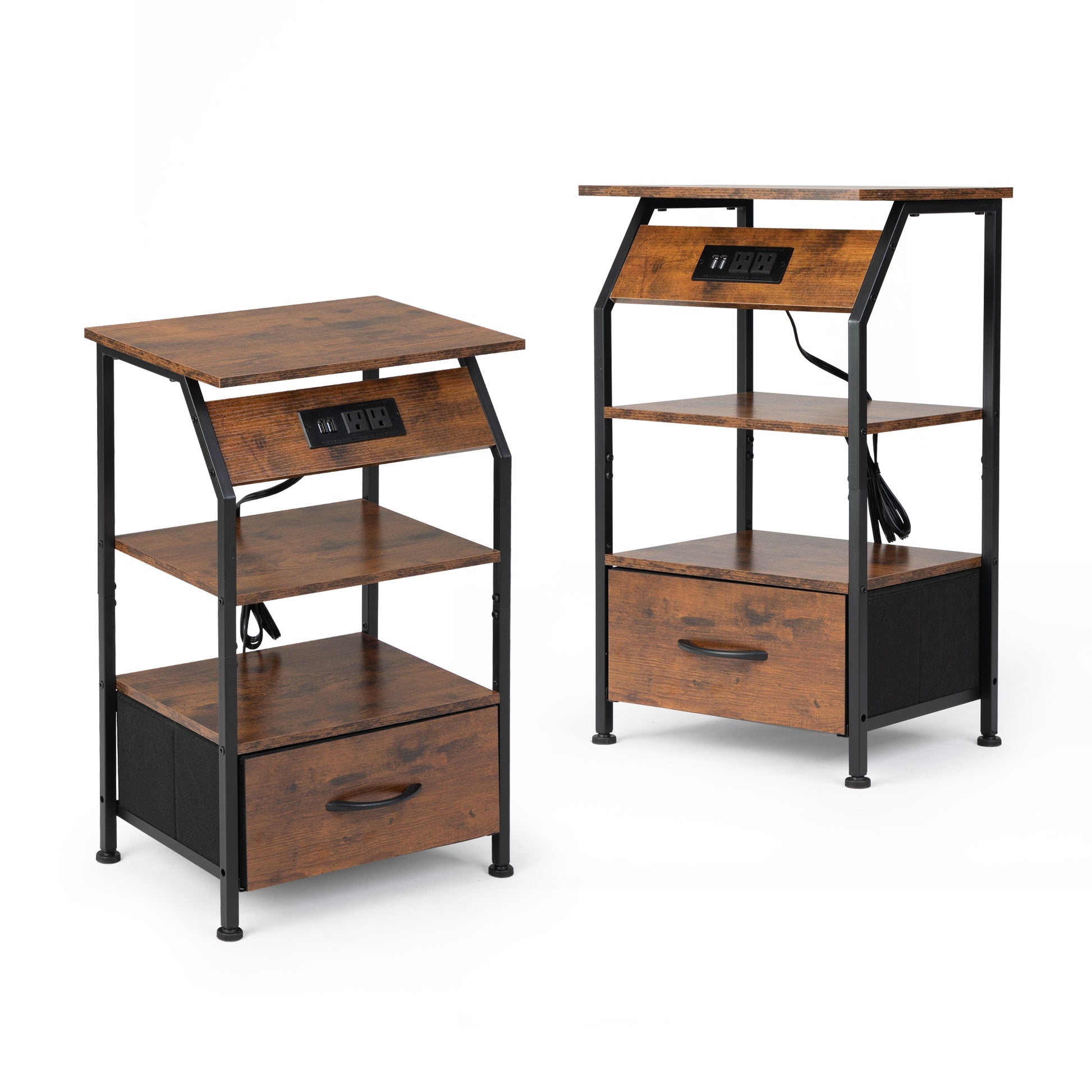 Rustic brown wood and black metal nightstand with builtin USB and power outlets