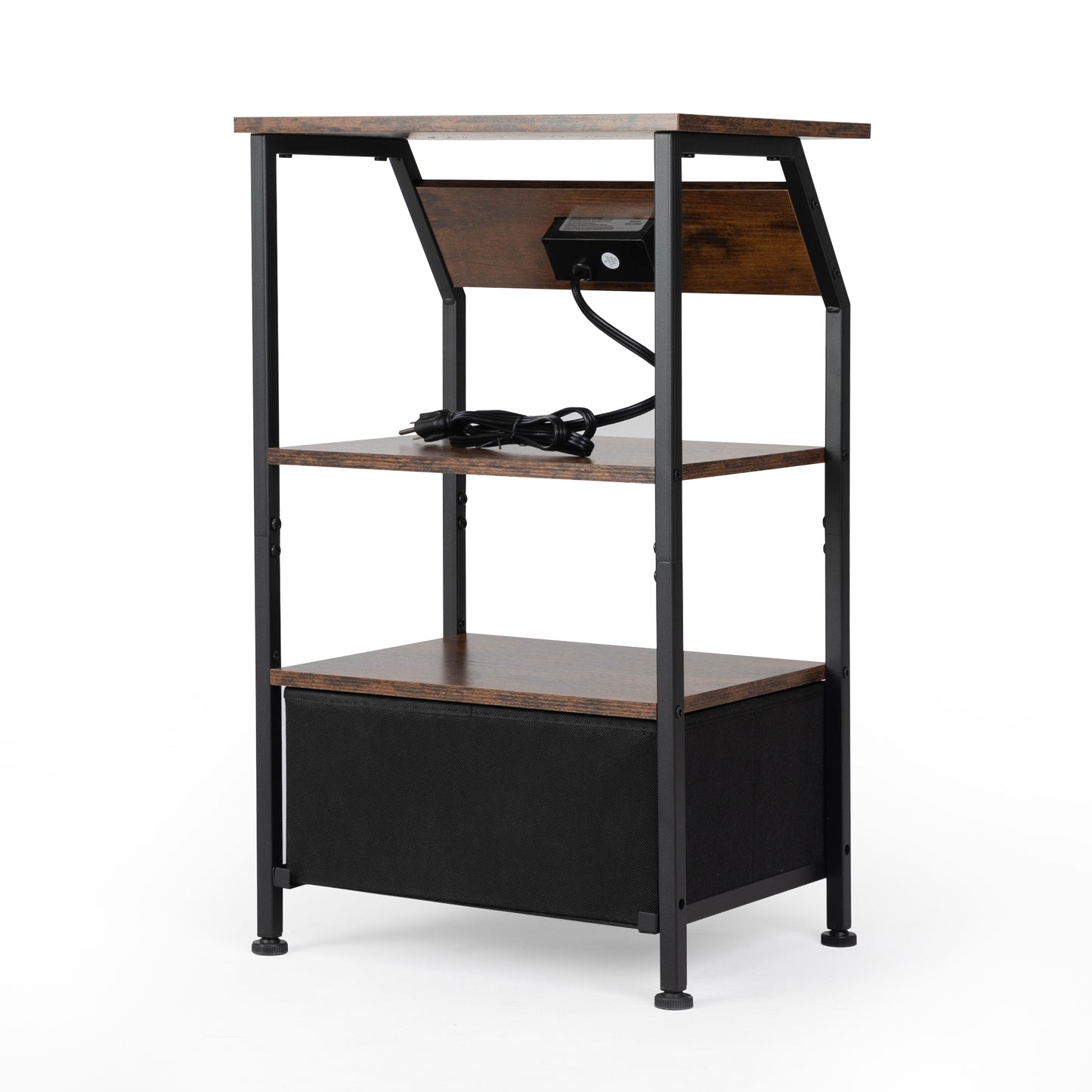 Rustic brown and black metal threetier shelf with integrated power outlet
