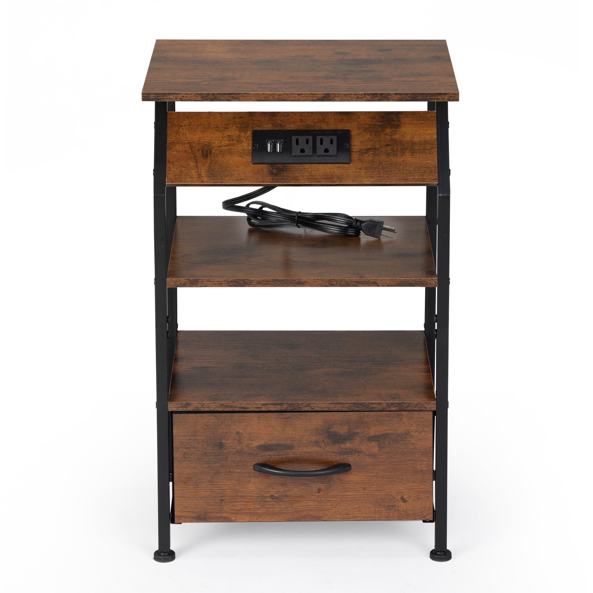 Rustic brown end table with builtin power strip  USB ports  shelves and a drawer