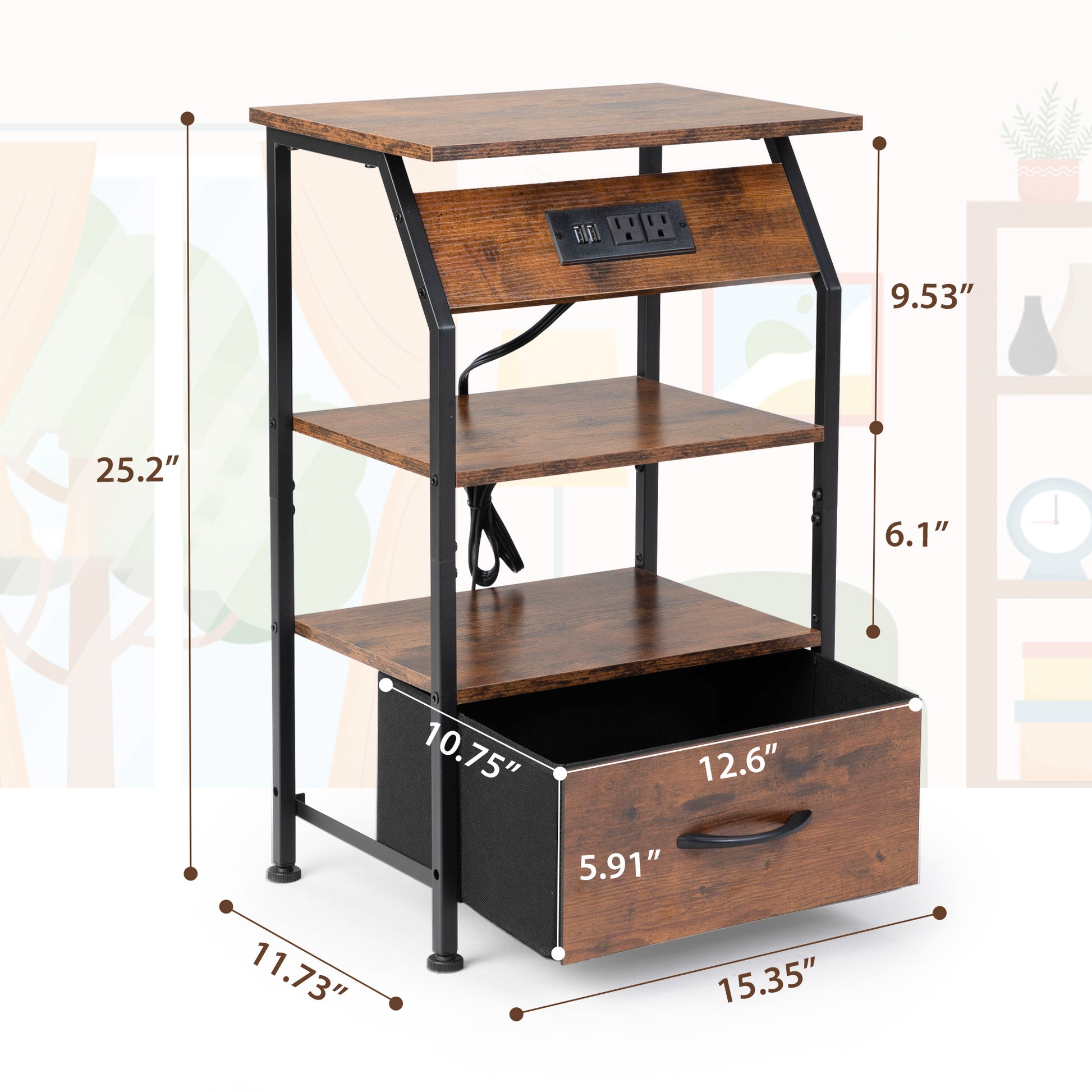 Rustic brown end table with builtin USB ports and AC outlets for charging devices
