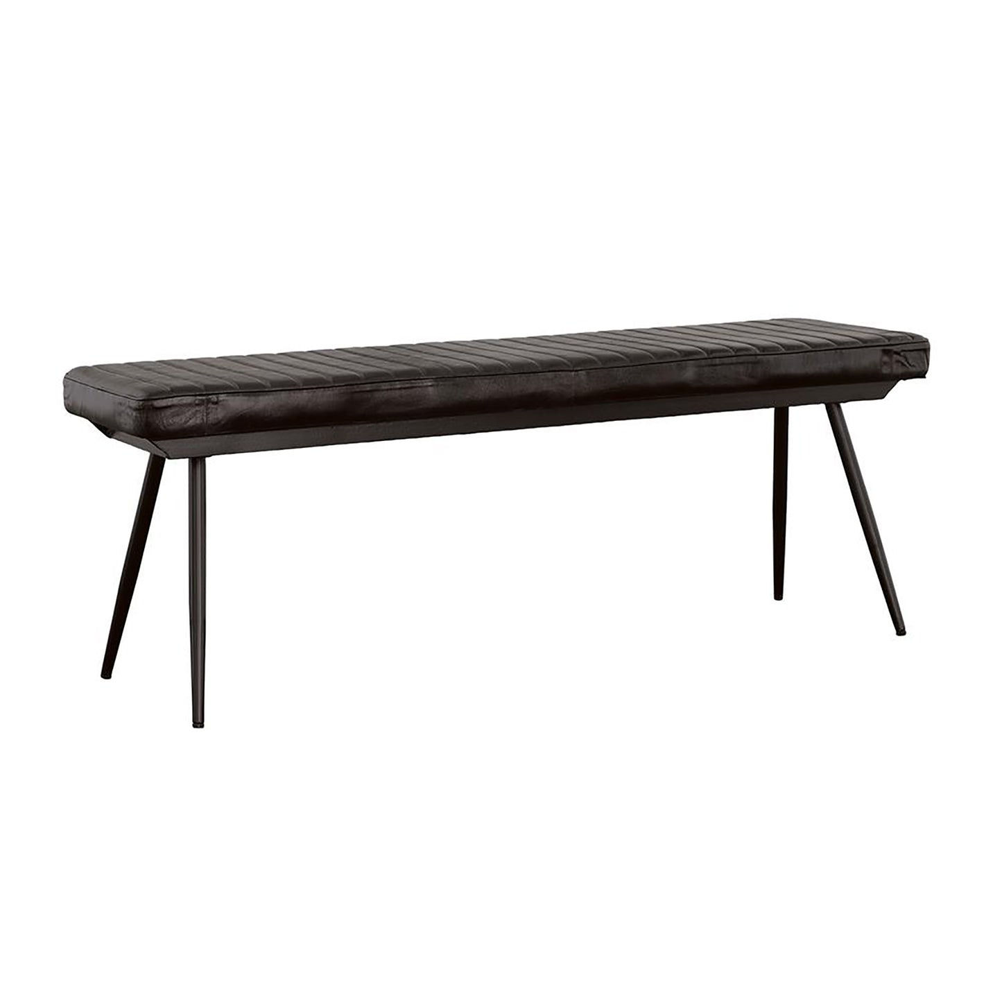 Dark gray tufted leather bench with black metal tapered legs