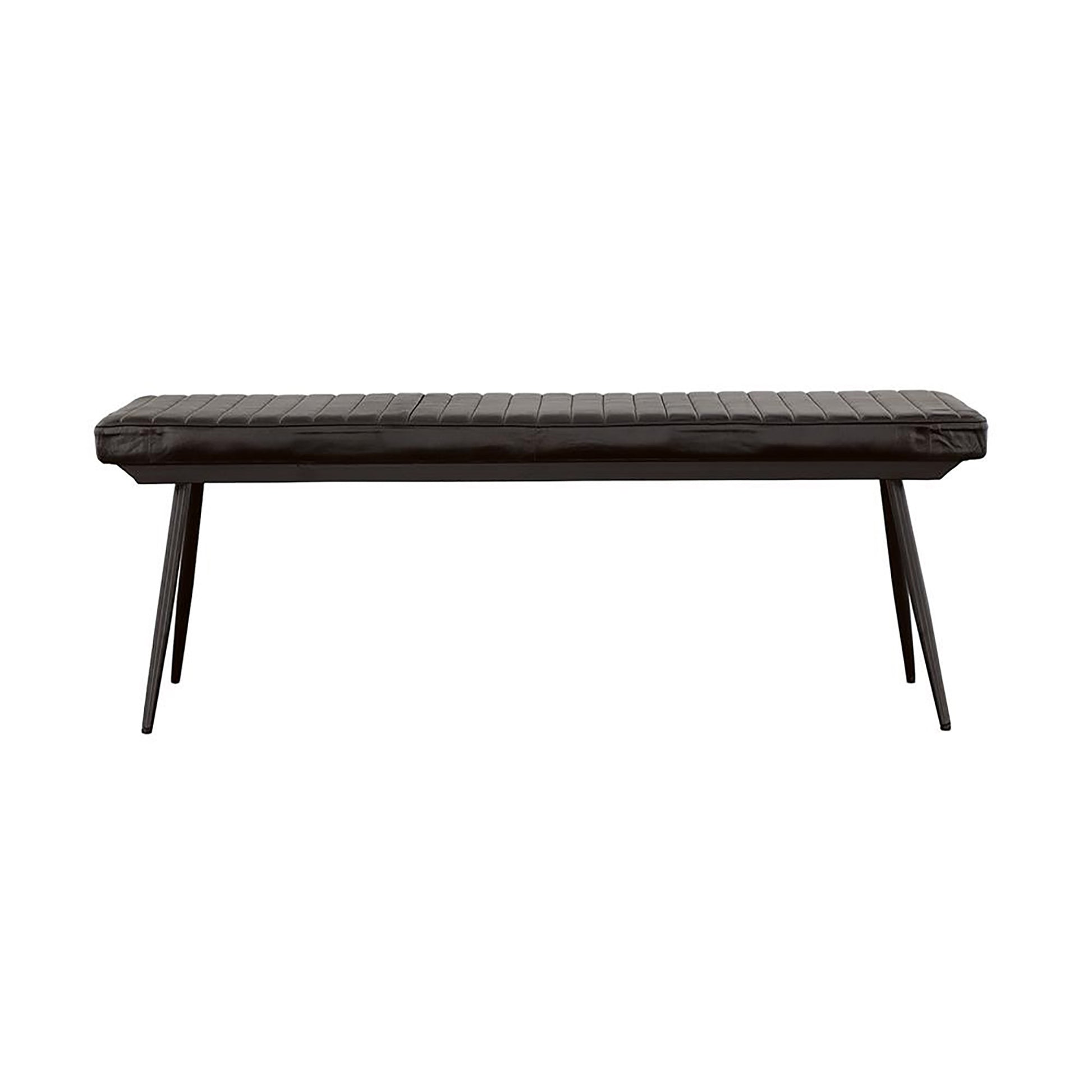 Dark brown leather upholstered bench with tufted seat and thin metal legs