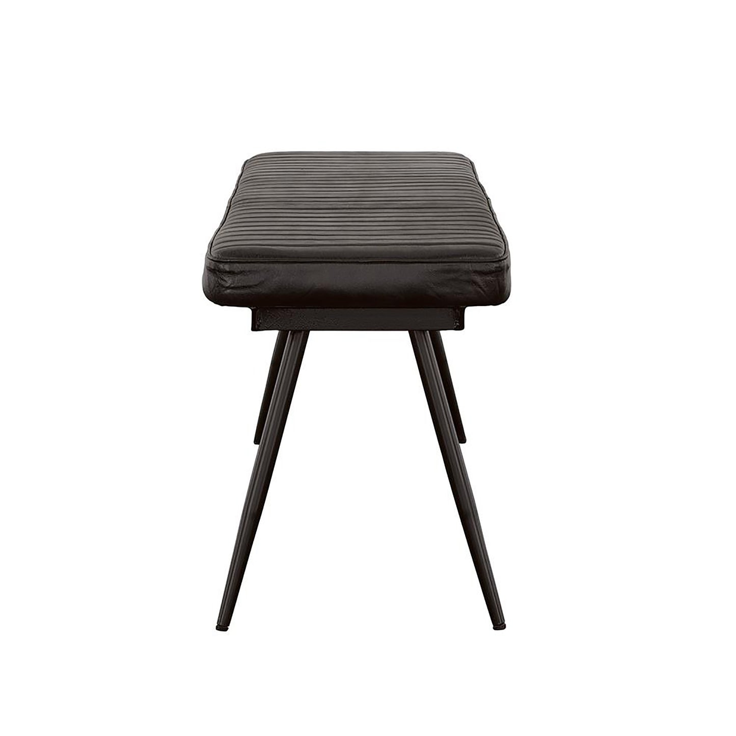 Tufted black leather bench with slender black metal legs