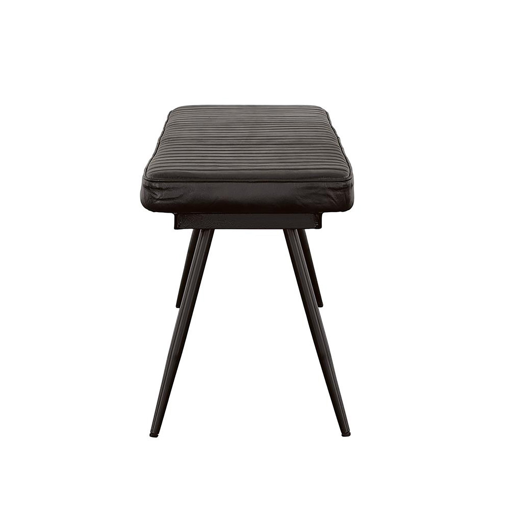 Tufted black leather bench with slender black metal legs