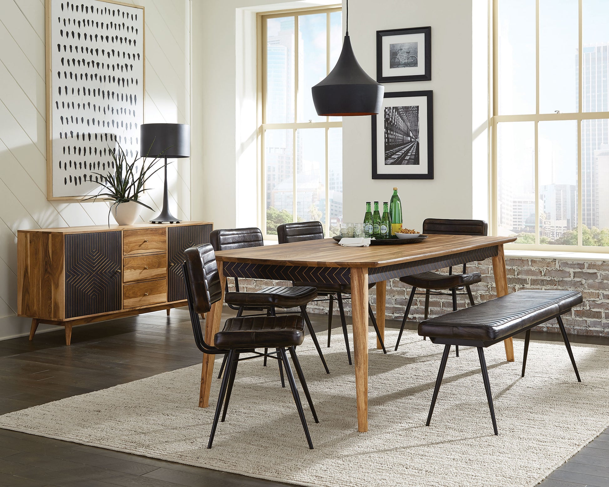 Modern midcentury dining table set with leather chairs and bench
