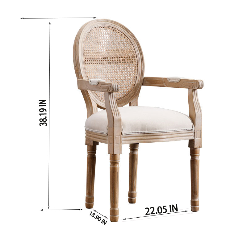 Vintage carved wood armchair with oval cane back and upholstered seat perfect for dining rooms