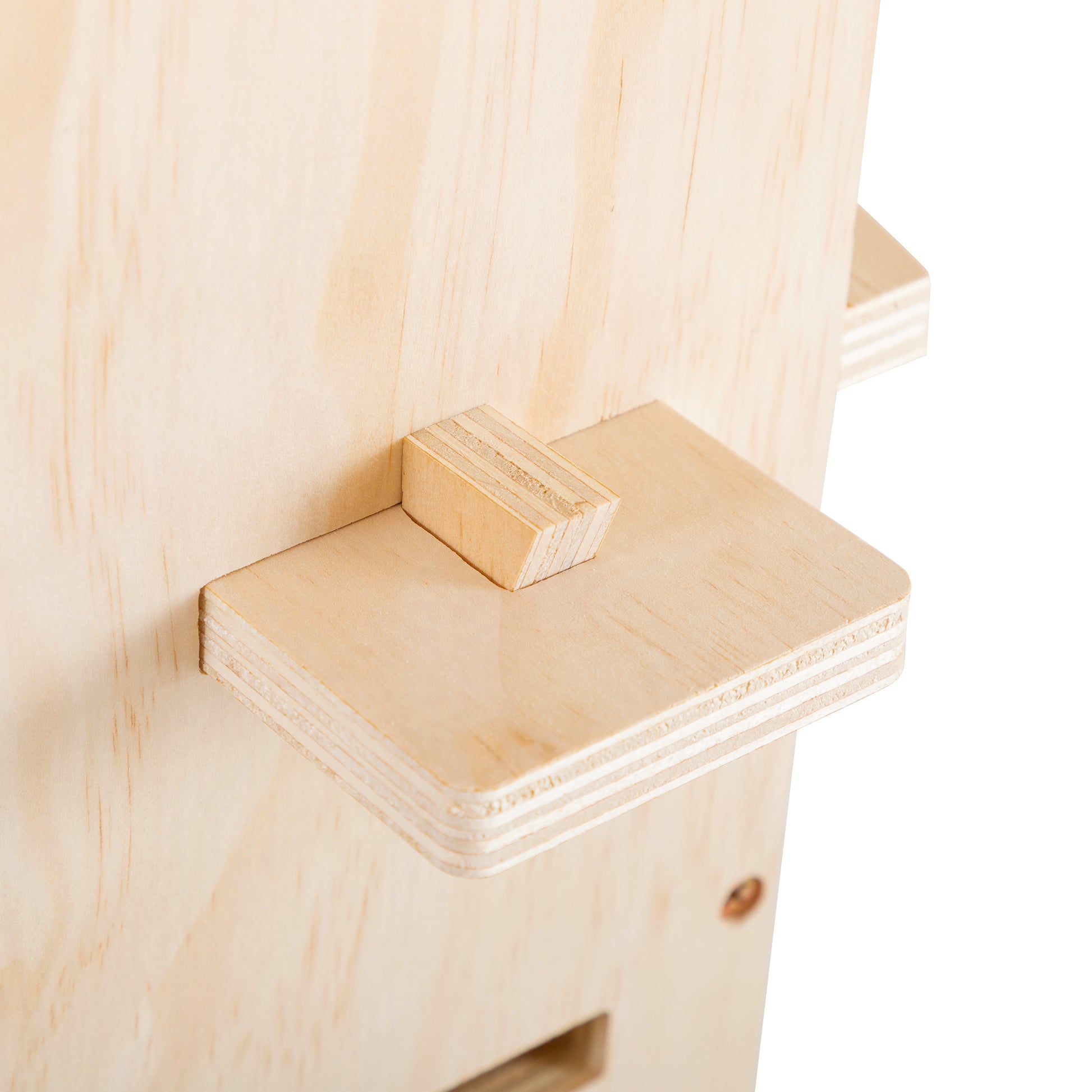 Closeup of layered plywood shelf with inset wooden peg for assembly