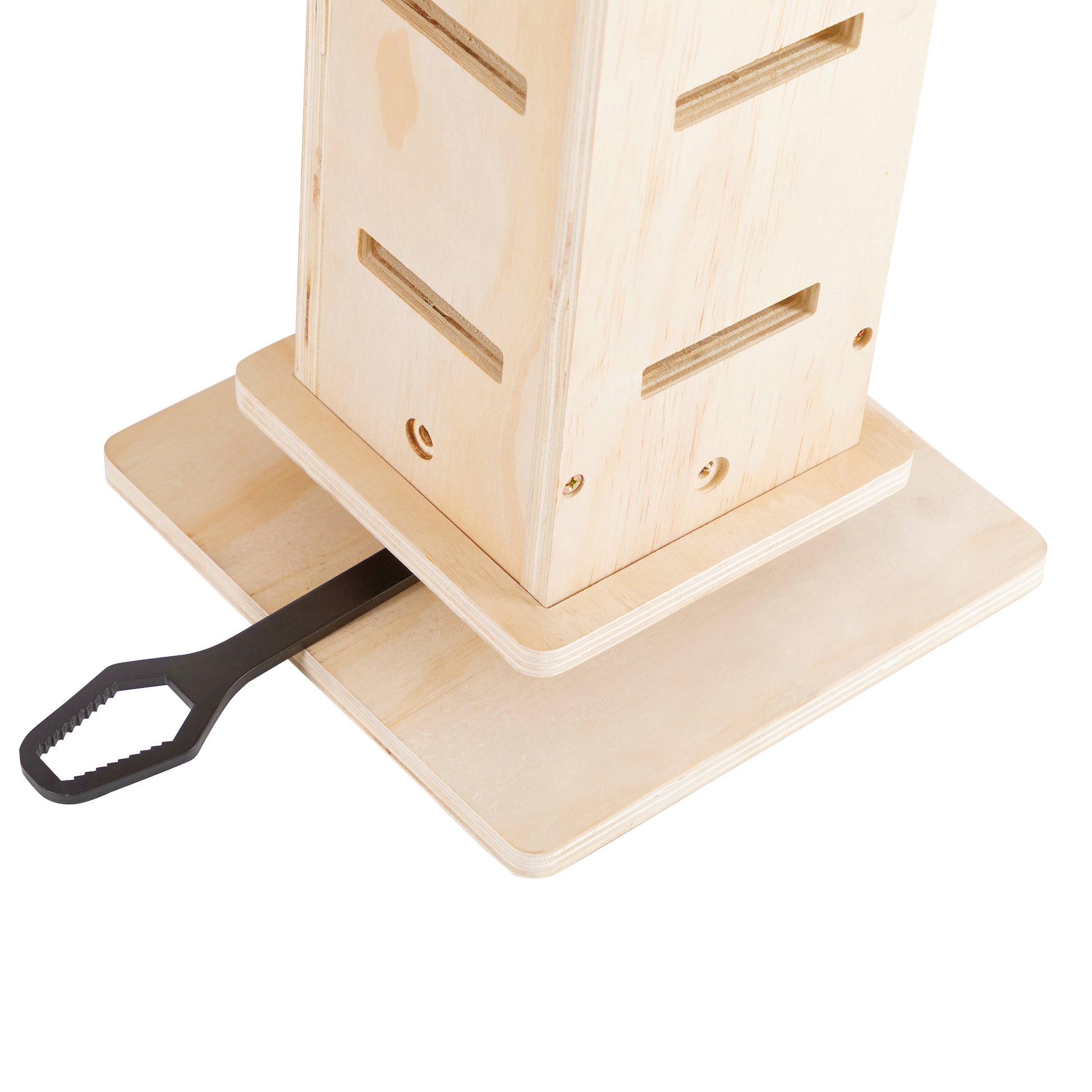 Wooden adjustable standing desk with included assembly tool