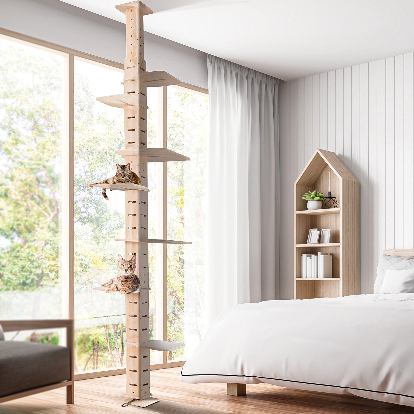 Adjustable natural wood cat tree with multilevel perches for indoor cats