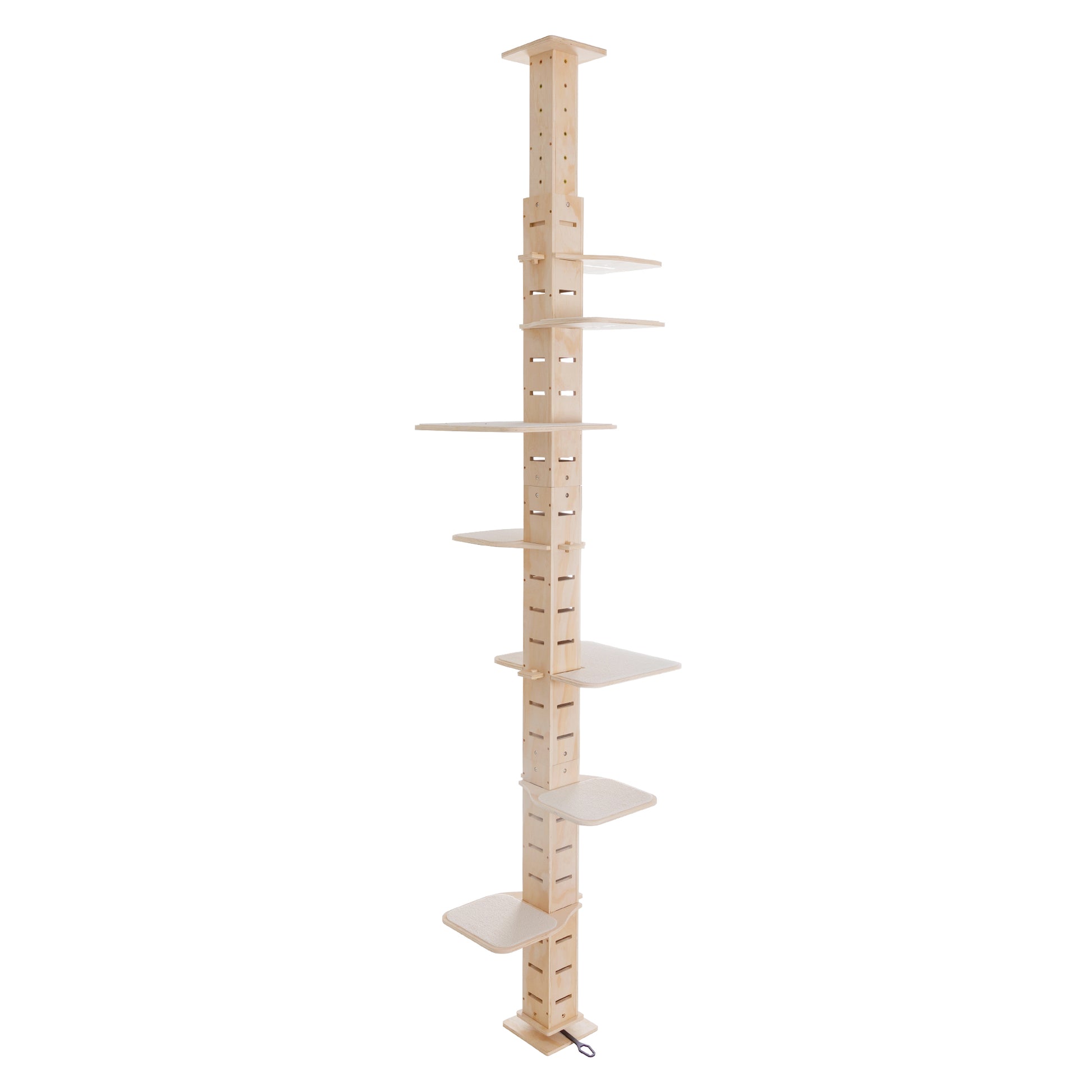 Adjustable natural wood cat tree with multiple shelves for climbing and resting