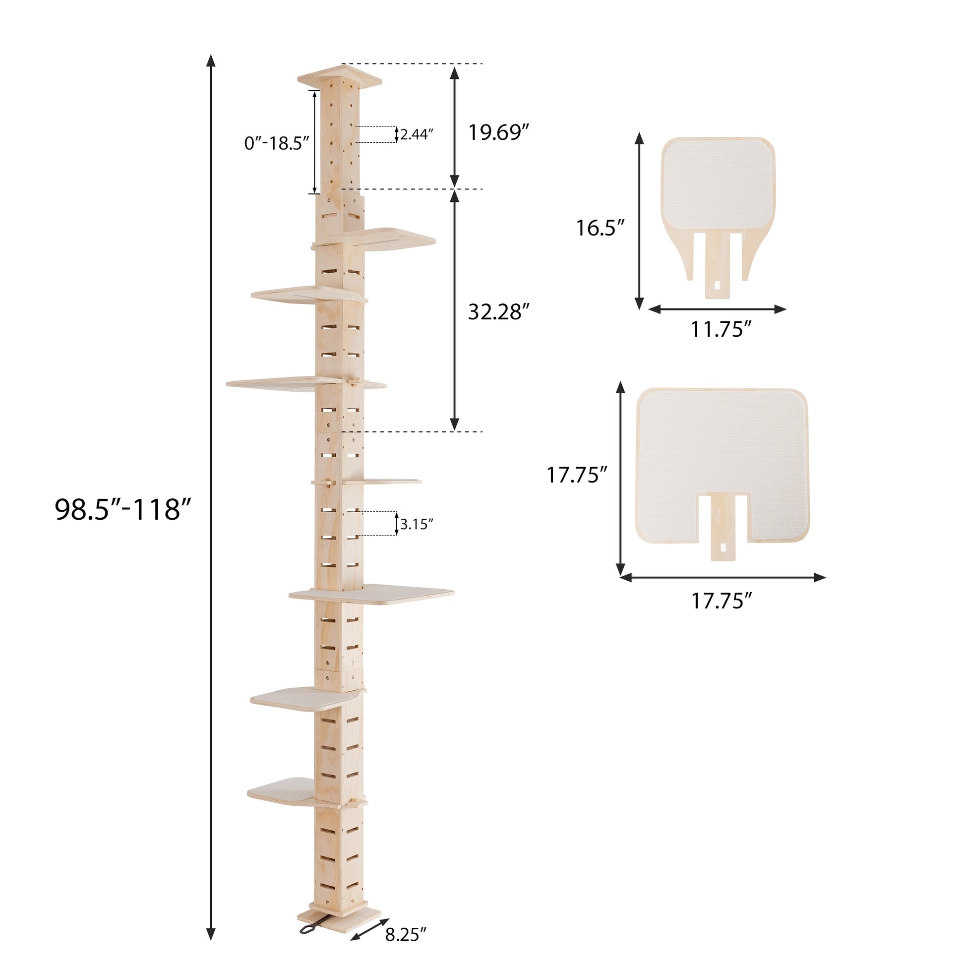Natural wood cat tree with multiple platforms and adjustable height from  inches