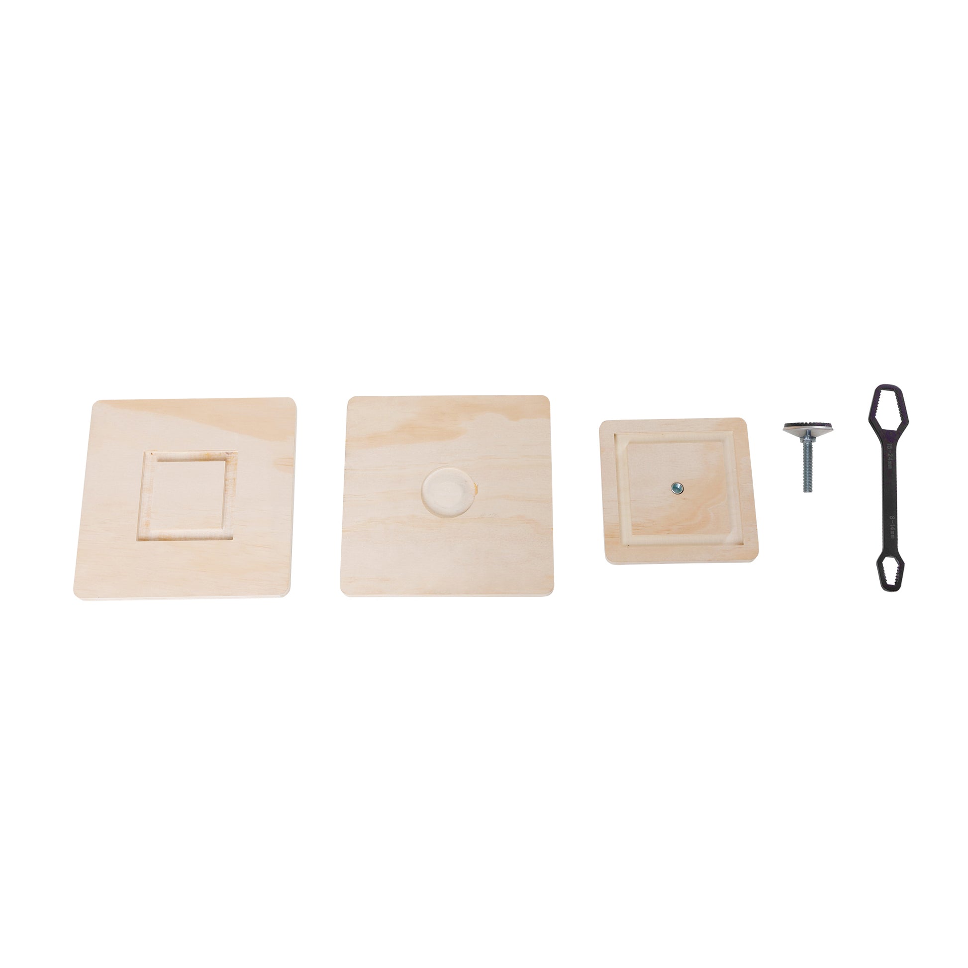Natural wood jig with square inlay for precise woodworking cuts