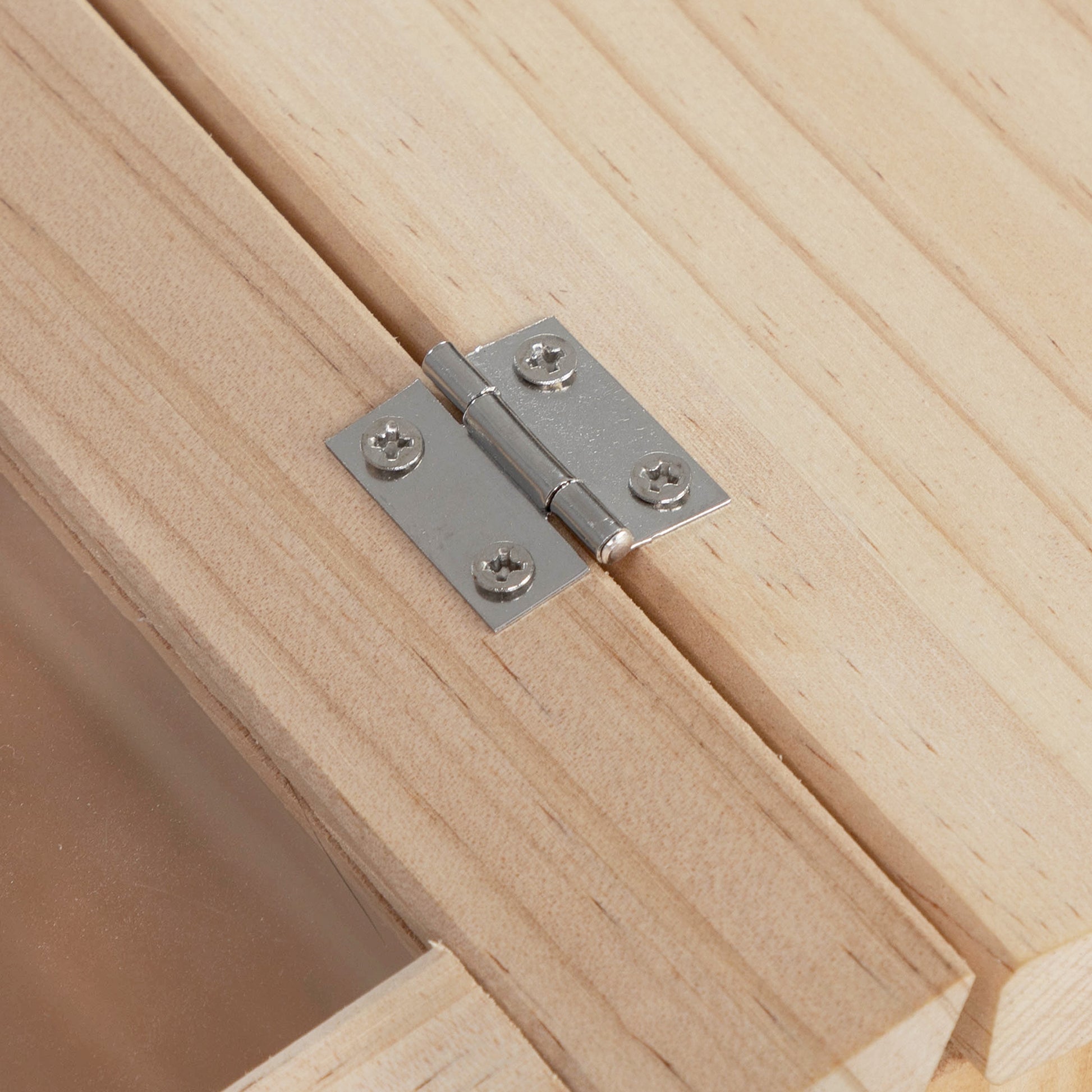 Small silver butt hinge secured with screws to a light wood box lid