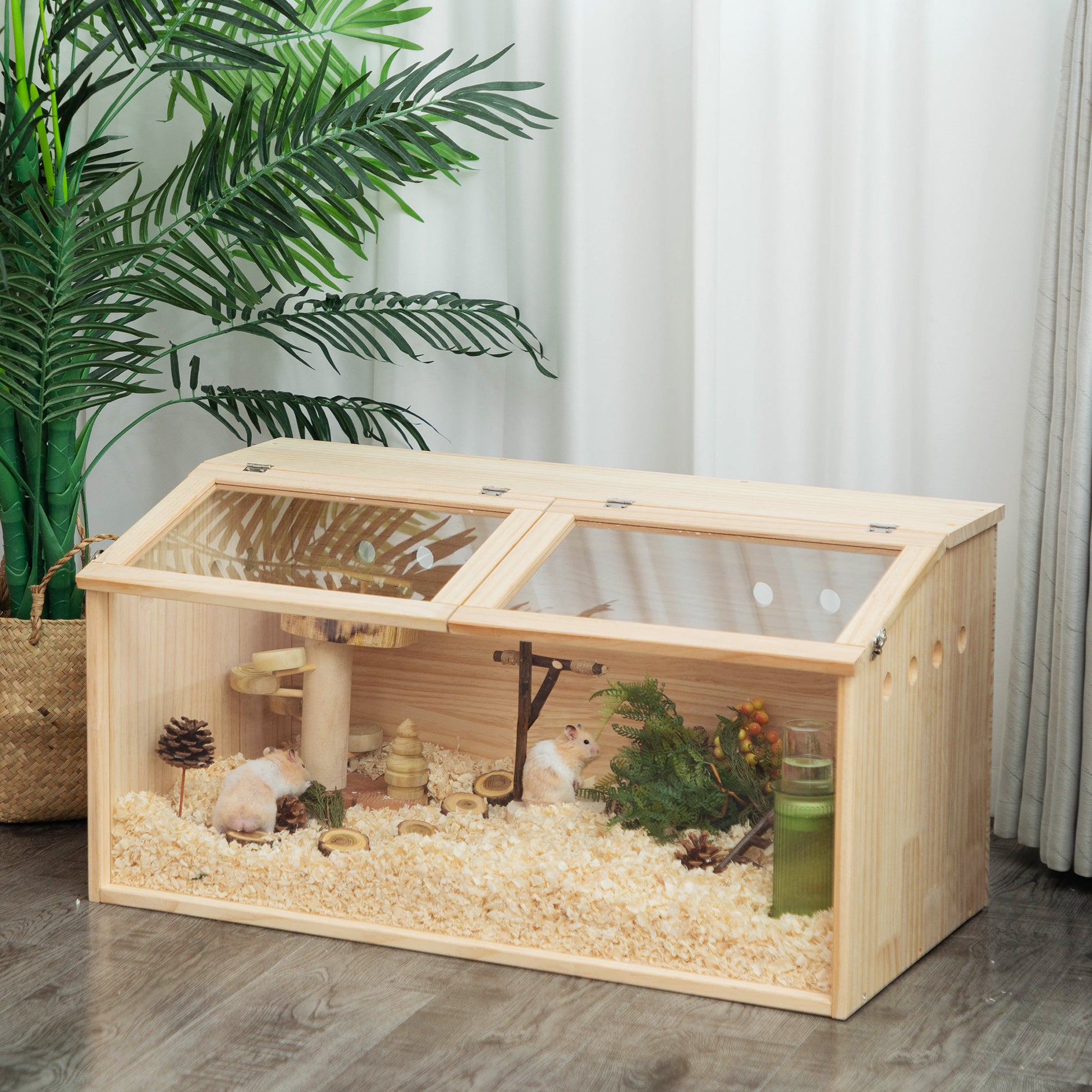 Spacious wooden hamster cage with two levels and clear acrylic lid ideal for small pets
