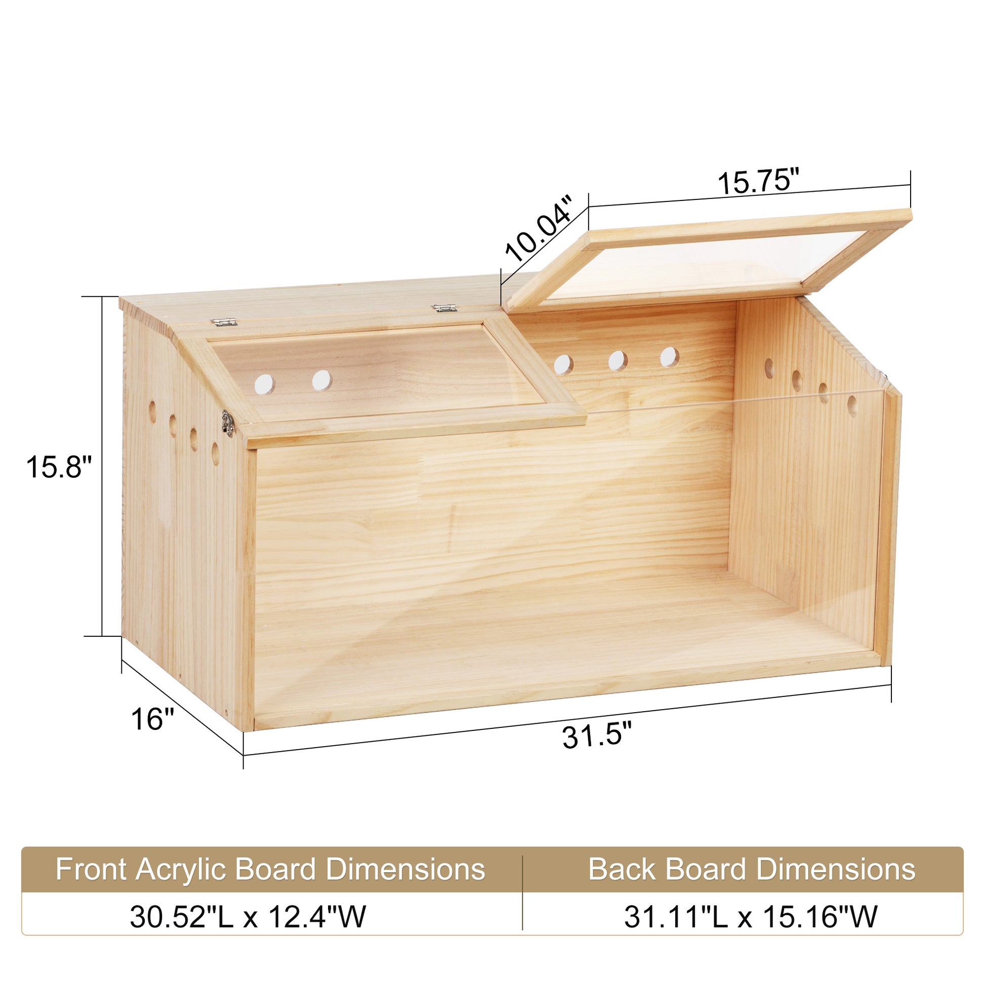 Wooden pet feeder with two clear acrylic feeding compartments and ventilation holes