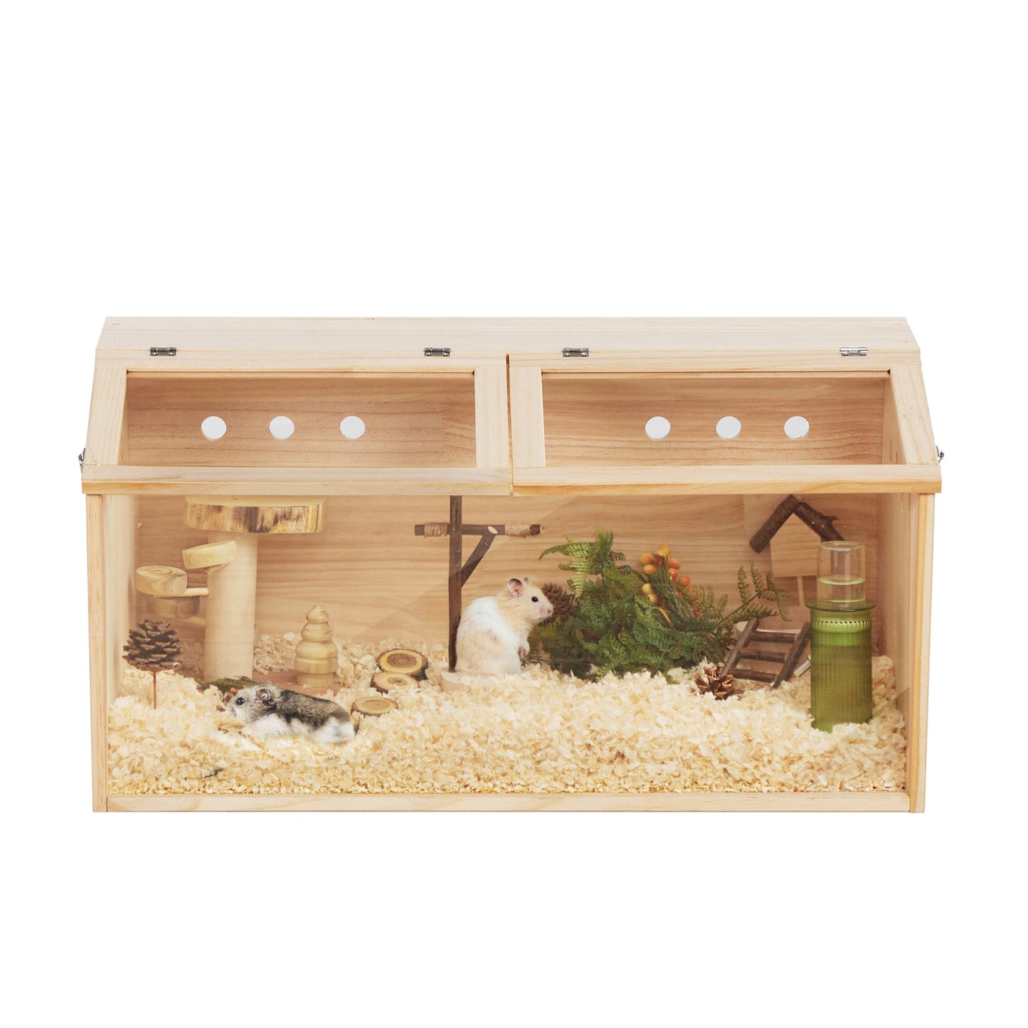 Twotier wooden hamster cage with naturalistic decor and two Syrian hamsters