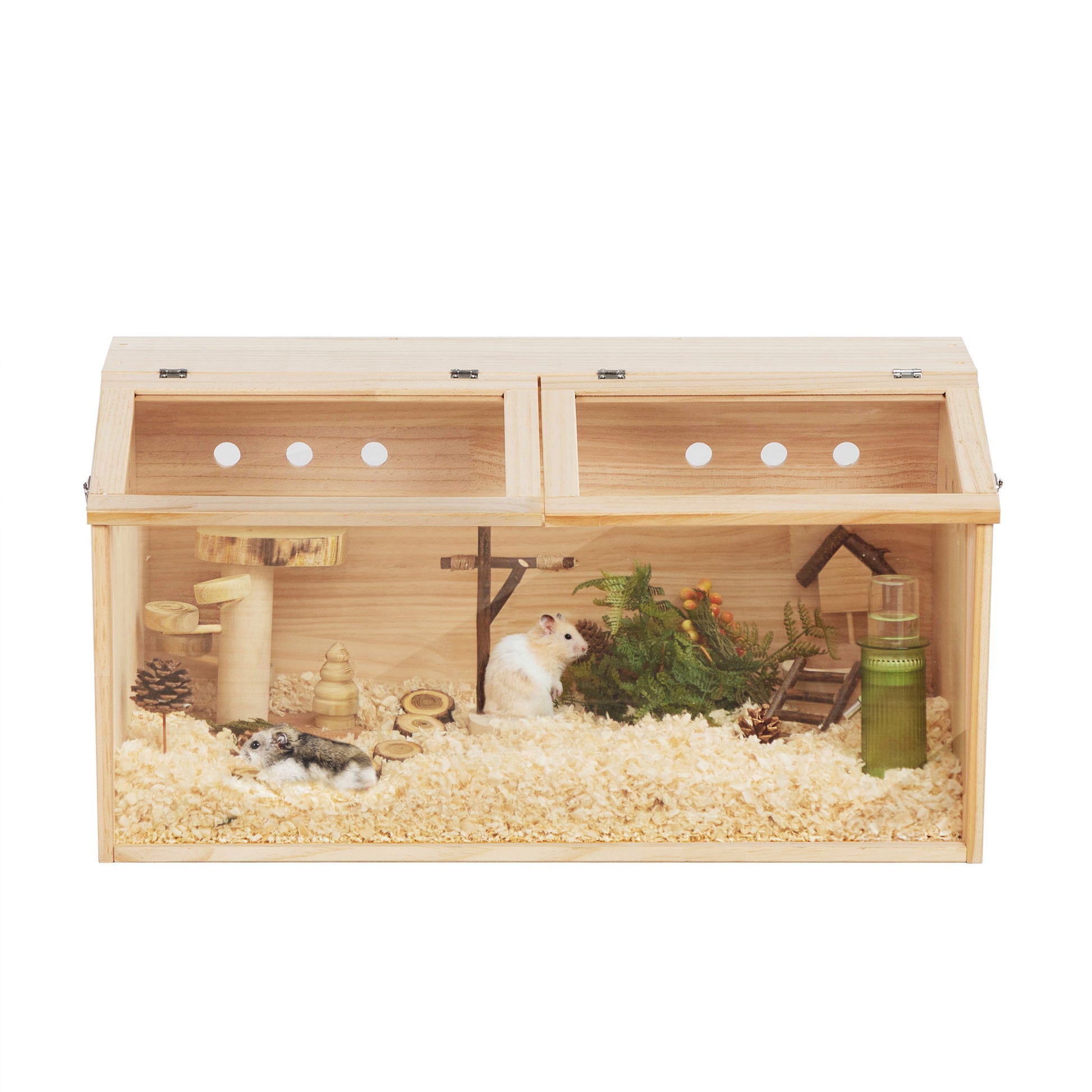 Twotier wooden hamster cage with naturalistic decor and two Syrian hamsters