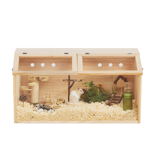 Twotier wooden hamster cage with naturalistic decor and two Syrian hamsters