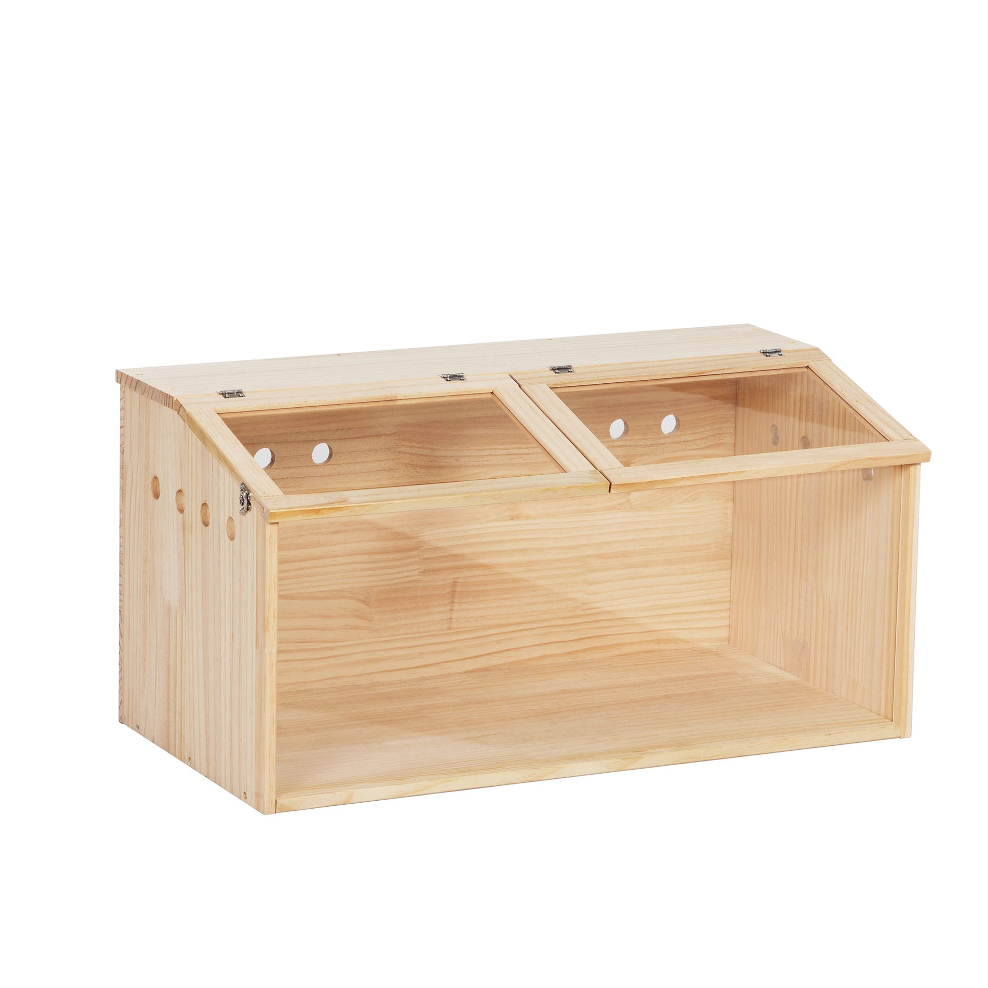 Natural wood pet habitat with clear viewing panels and ventilation holes