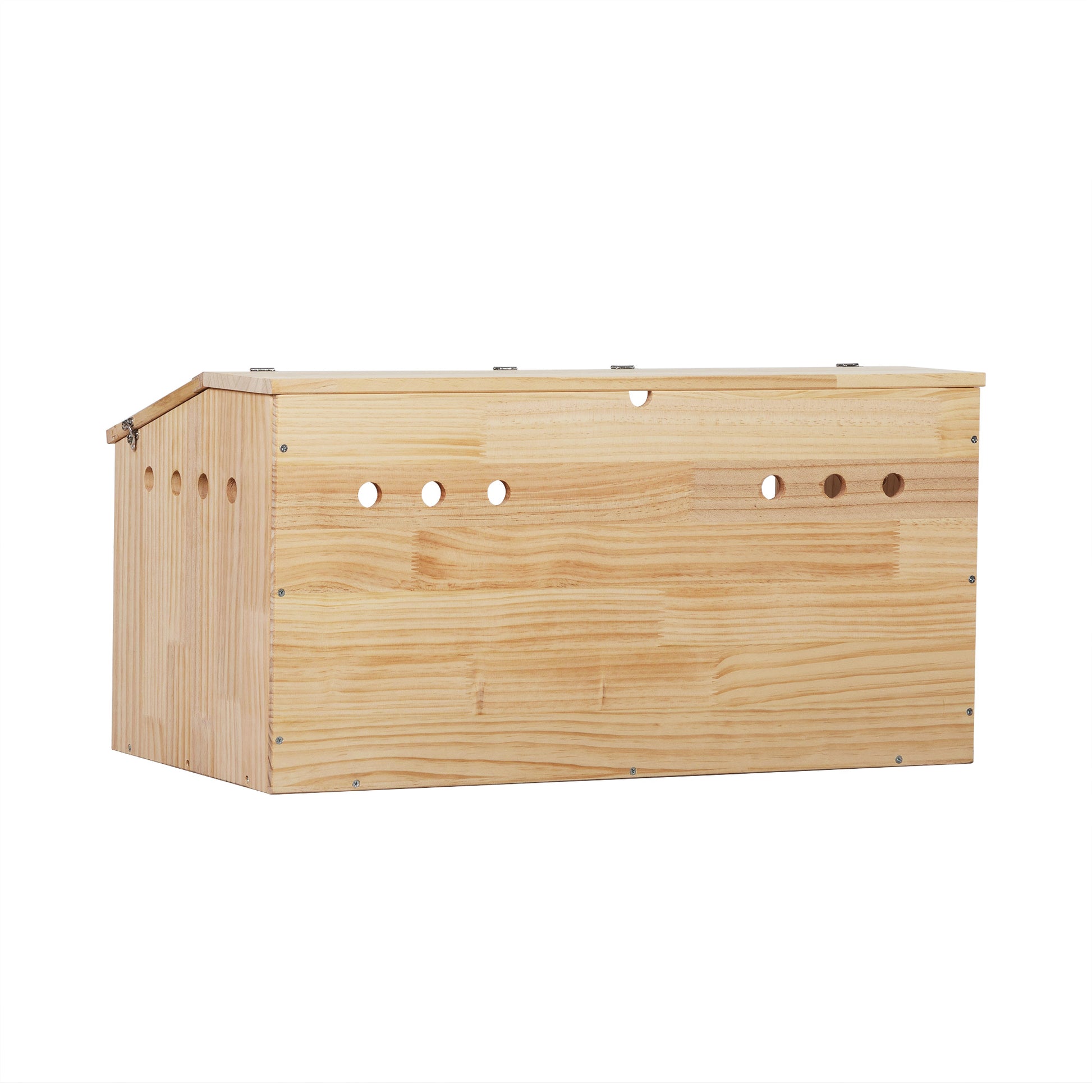 Wooden hamster house with ventilation holes and hinged roof ideal for small pet enclosures