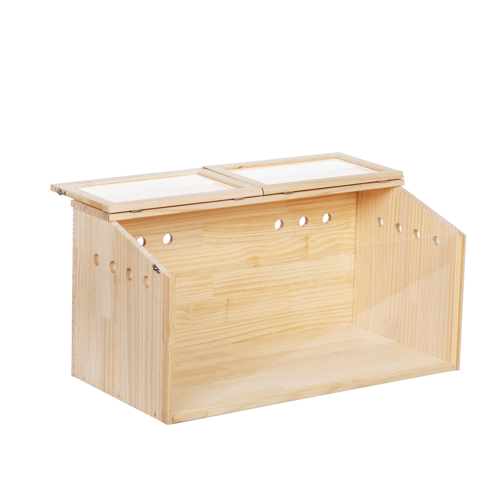 Natural wood pet carrier with two clear hinged lids and ventilation holes ideal for small animals
