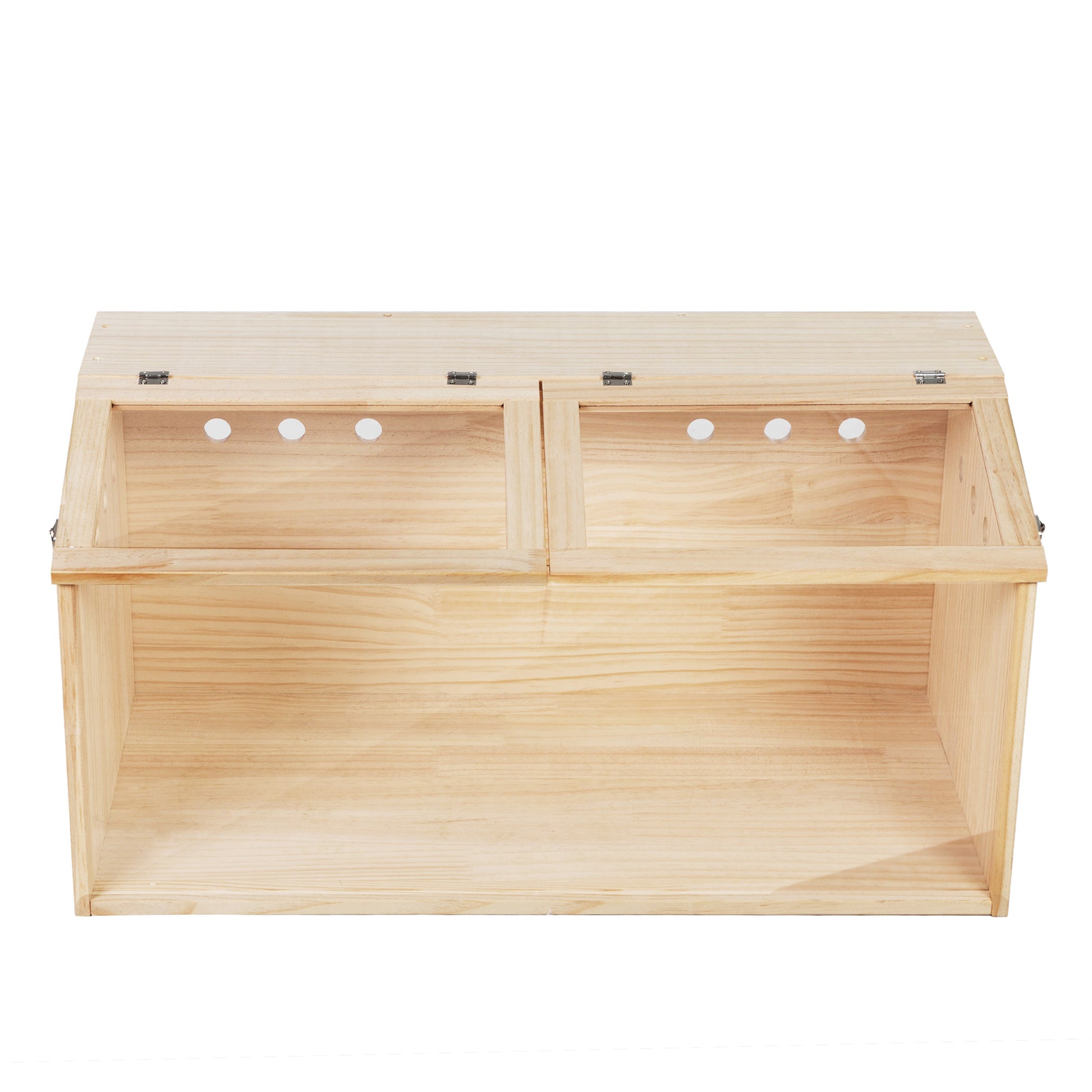 Twocompartment natural pine wood storage bin with hinged lids and ventilation holes