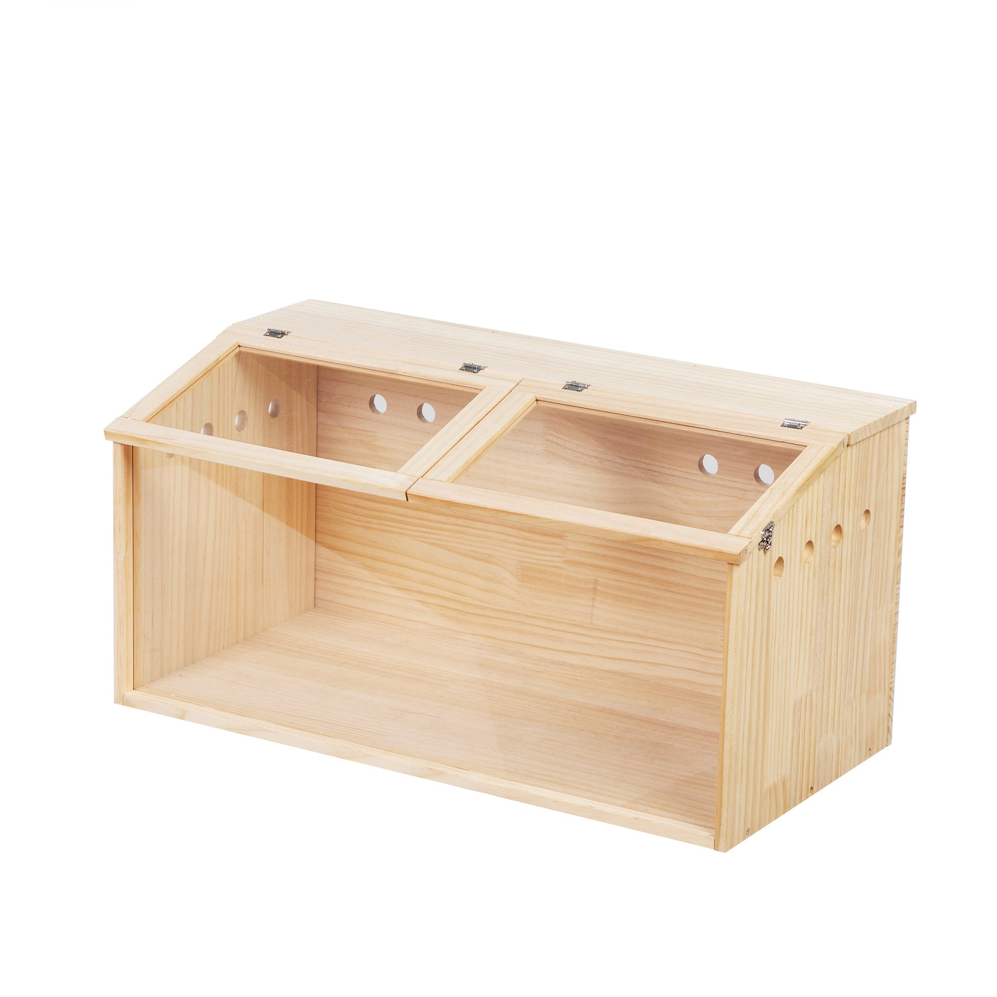 Natural wood animal habitat with two clear hinged lids and ventilation holes