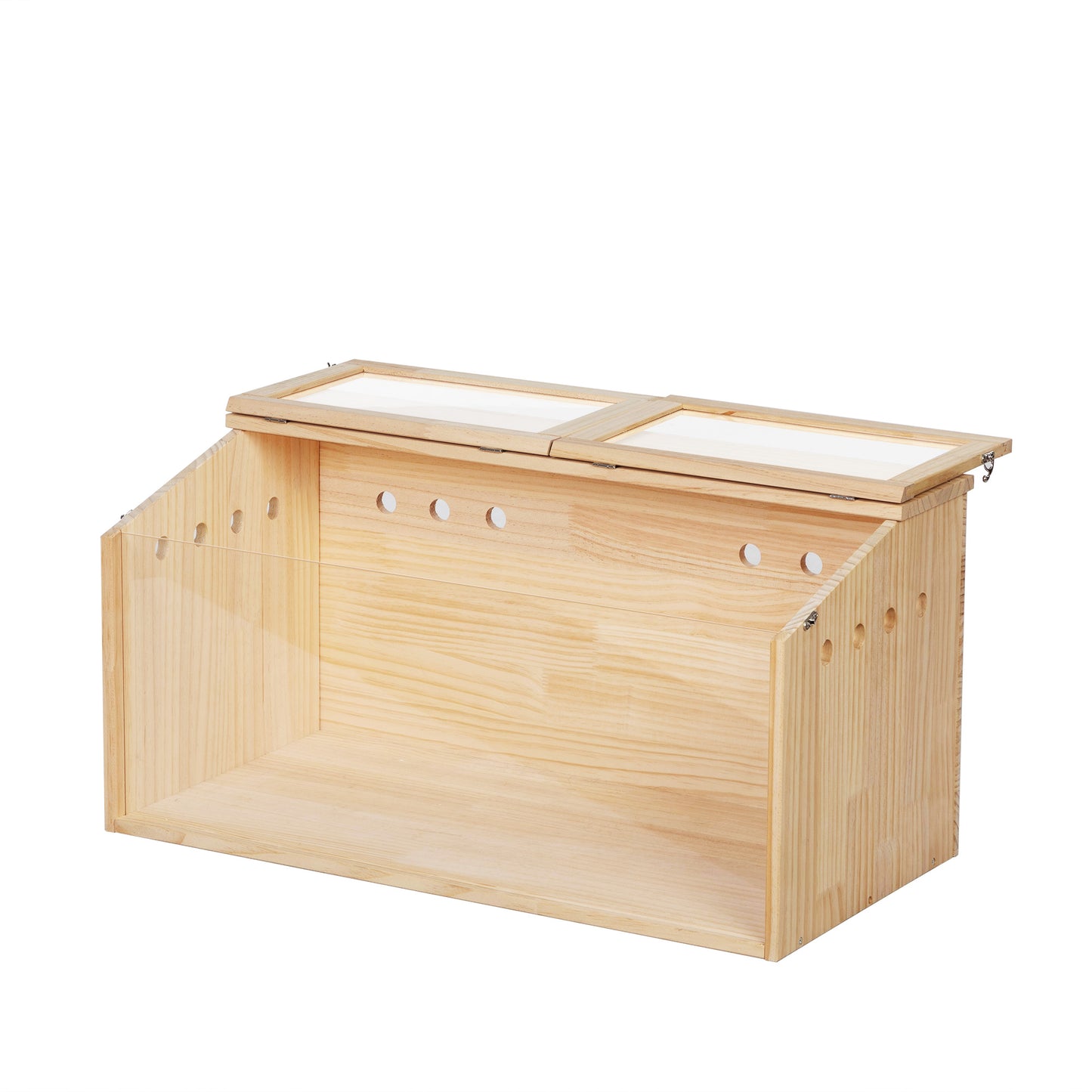Natural wood small animal habitat with clear viewing panels and ventilation holes