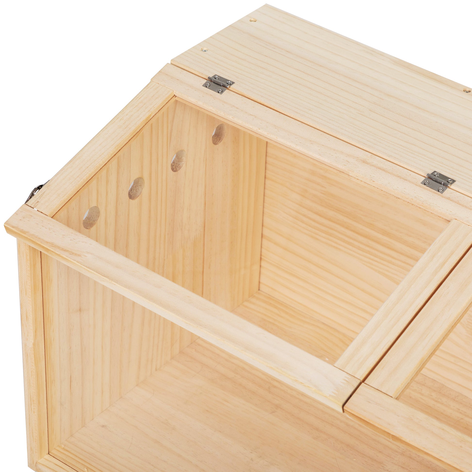 Unfinished pine wood pet house with hinged lid and ventilation holes ideal for small animals