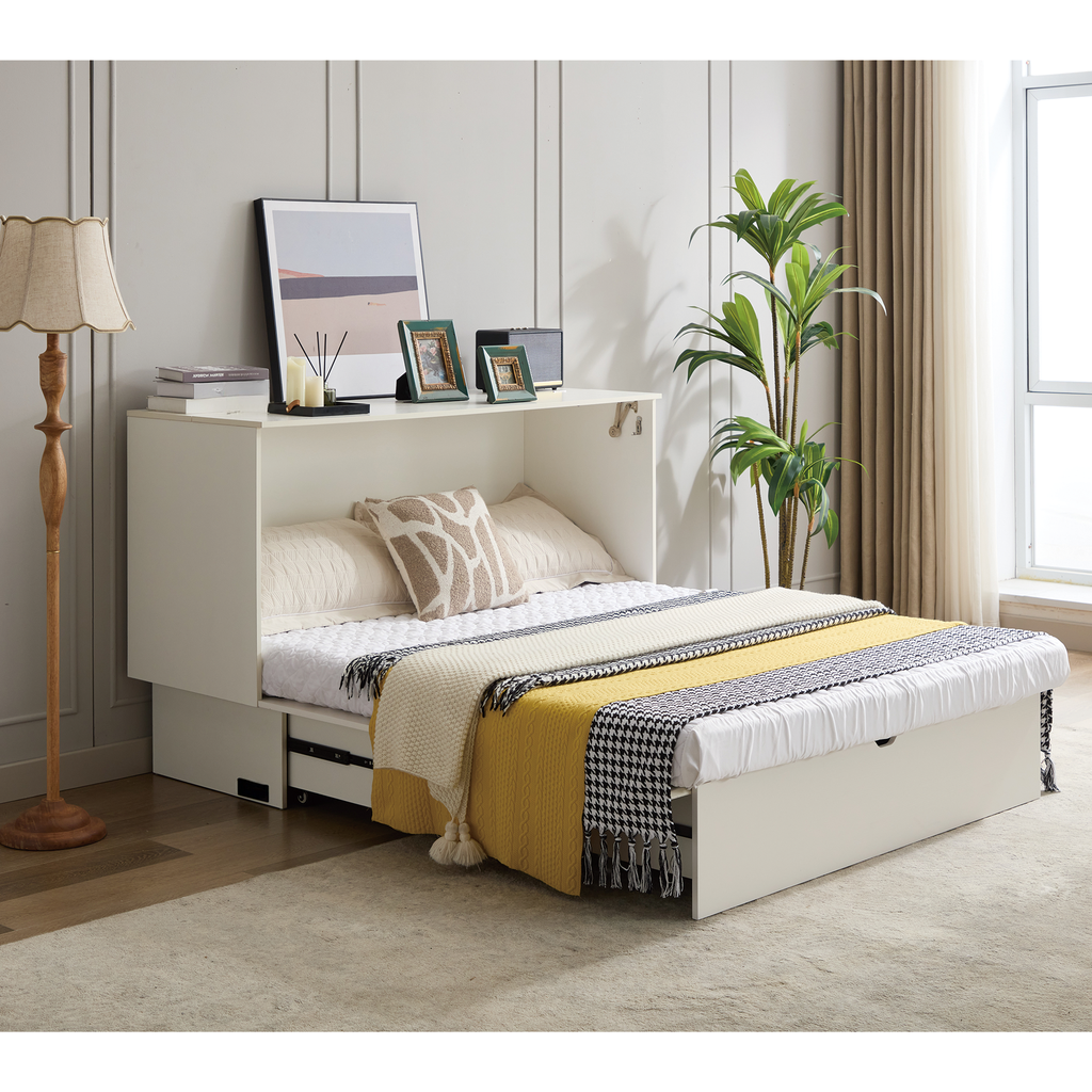 White Murphy bed with queen mattress and storage drawers