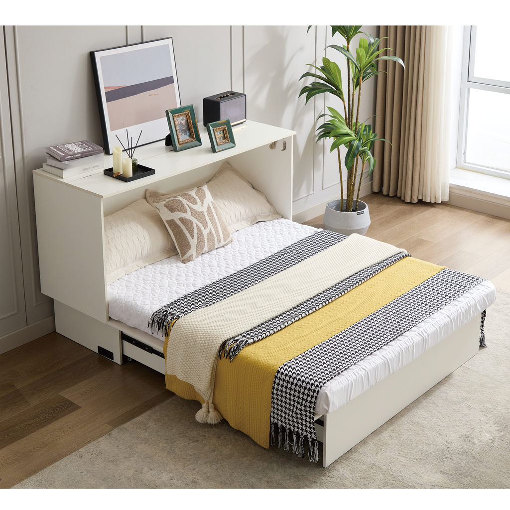 White murphy bed with queen mattress and decorative throws