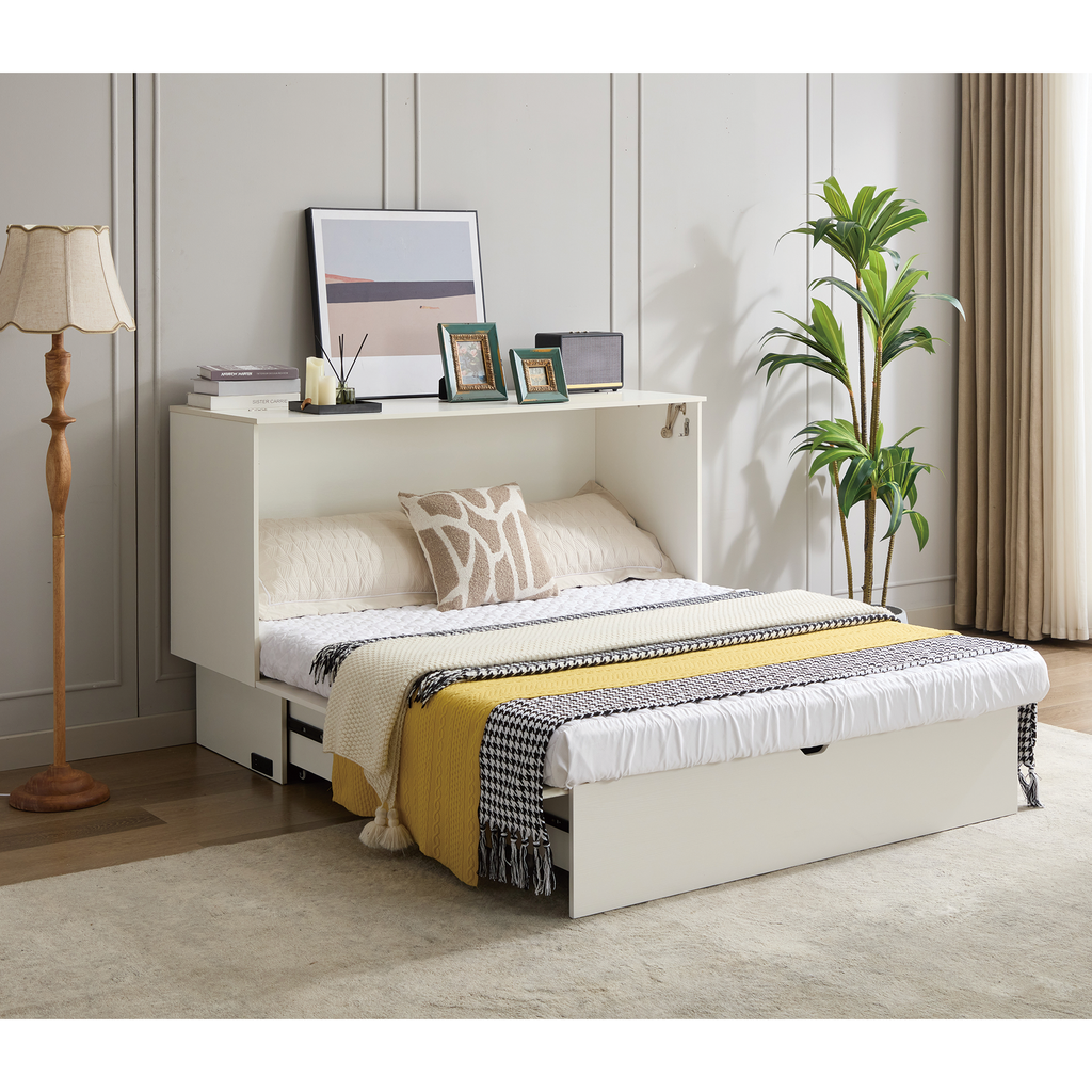 White Murphy bed with drawers and yellow accent blanket