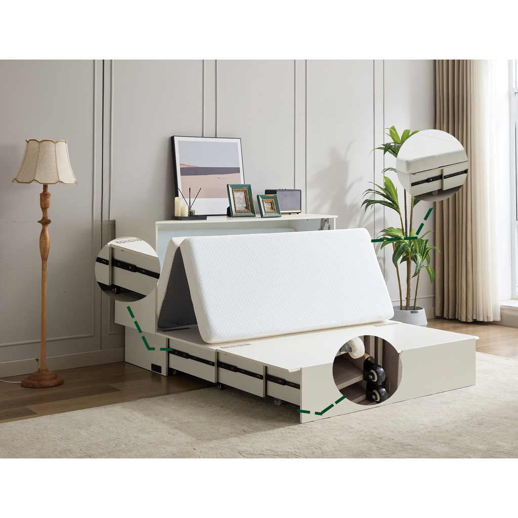 White folding guest bed with mattress and storage drawers