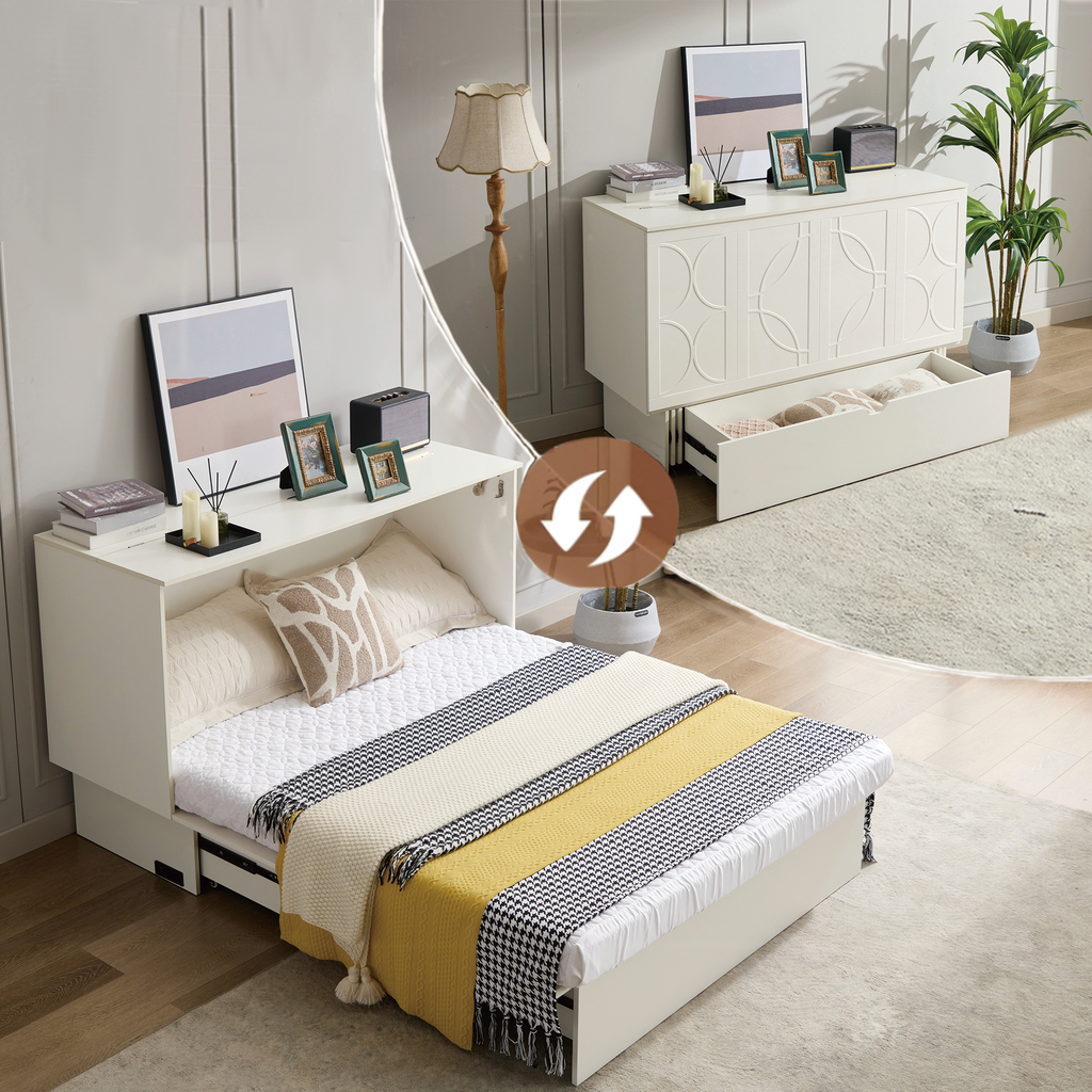 White murphy bed with pullout drawers